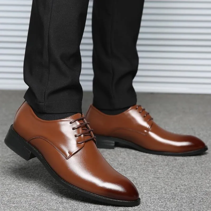 Men's Shiny Patent Leather Dress Shoes Hand Stitched Business Formal Derby Shoes Mens Breathable Comfortable Business Lace Up Oxford Shoes(Brown,7.5)