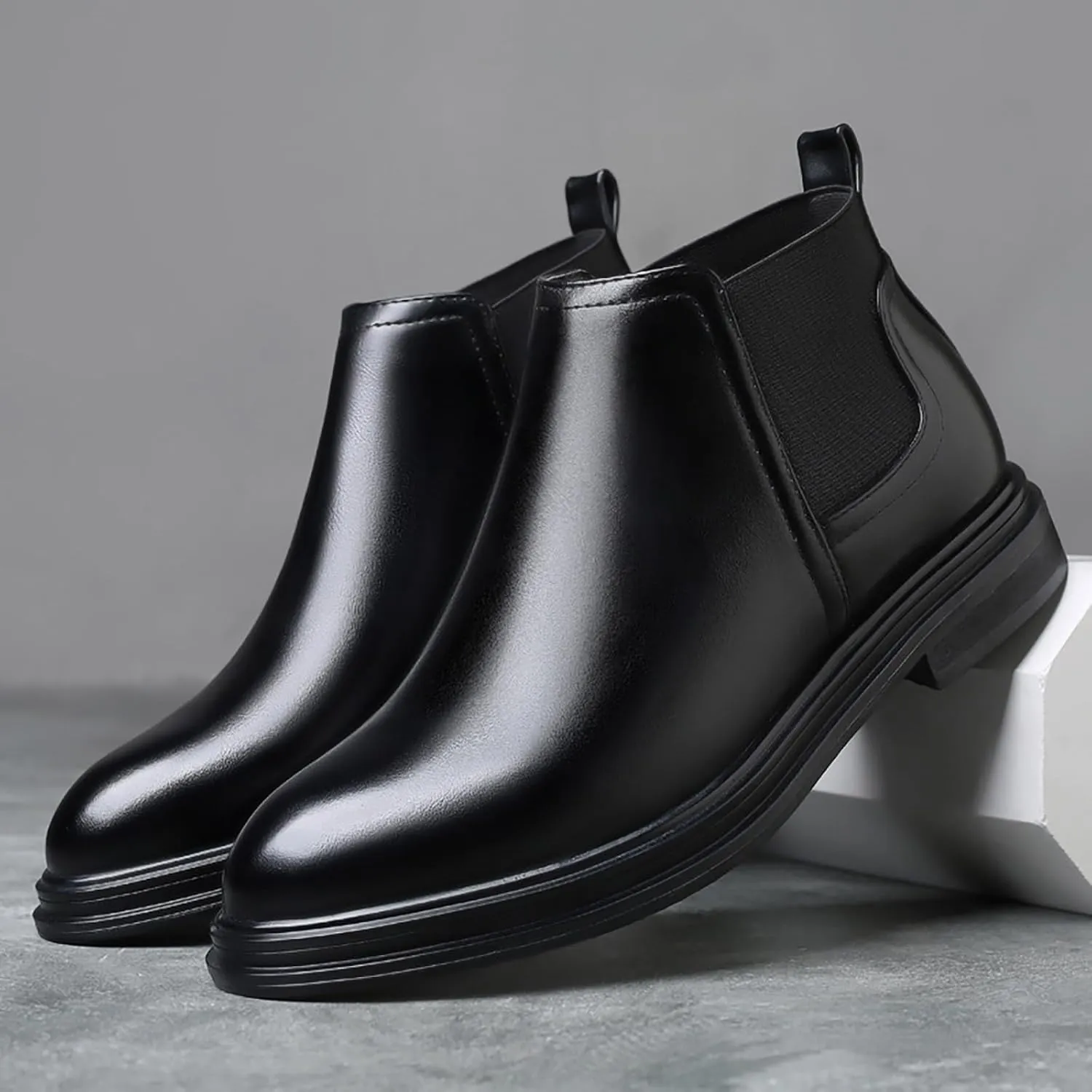Men's Slip on Leather Chelsea Ankle Boots,Fall Winter Pointed Toe Fashion Elastic Pull on Comfort Dress Boots Casual Non Slip Waterproof Business Work Shoes