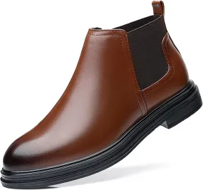 Men's Slip on Leather Chelsea Ankle Boots,Fall Winter Pointed Toe Fashion Elastic Pull on Comfort Dress Boots Casual Non Slip Waterproof Business Work Shoes