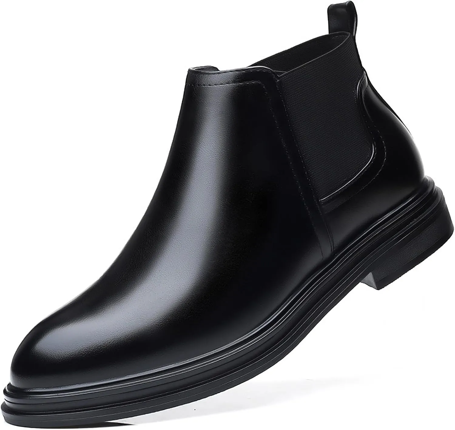 Men's Slip on Leather Chelsea Ankle Boots,Fall Winter Pointed Toe Fashion Elastic Pull on Comfort Dress Boots Casual Non Slip Waterproof Business Work Shoes