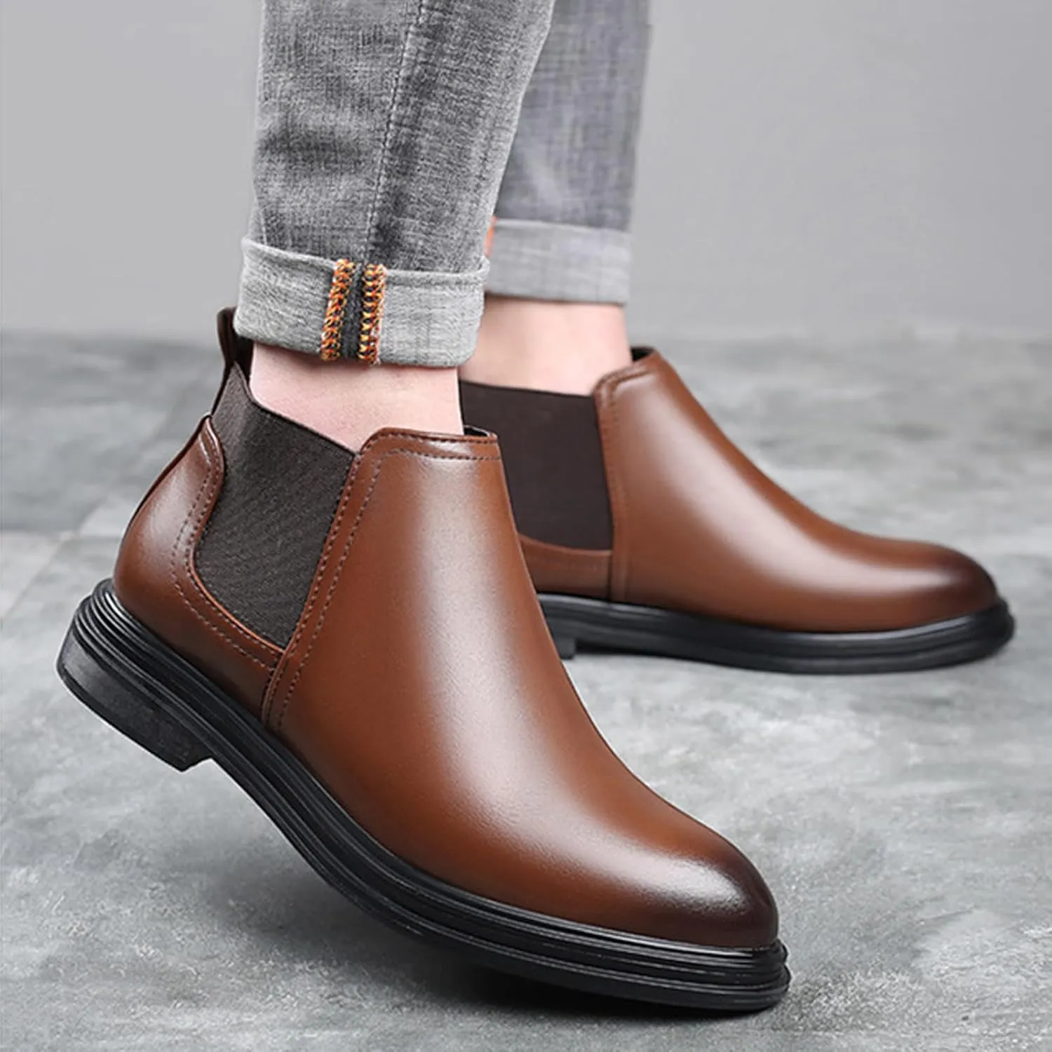 Men's Slip on Leather Chelsea Ankle Boots,Fall Winter Pointed Toe Fashion Elastic Pull on Comfort Dress Boots Casual Non Slip Waterproof Business Work Shoes