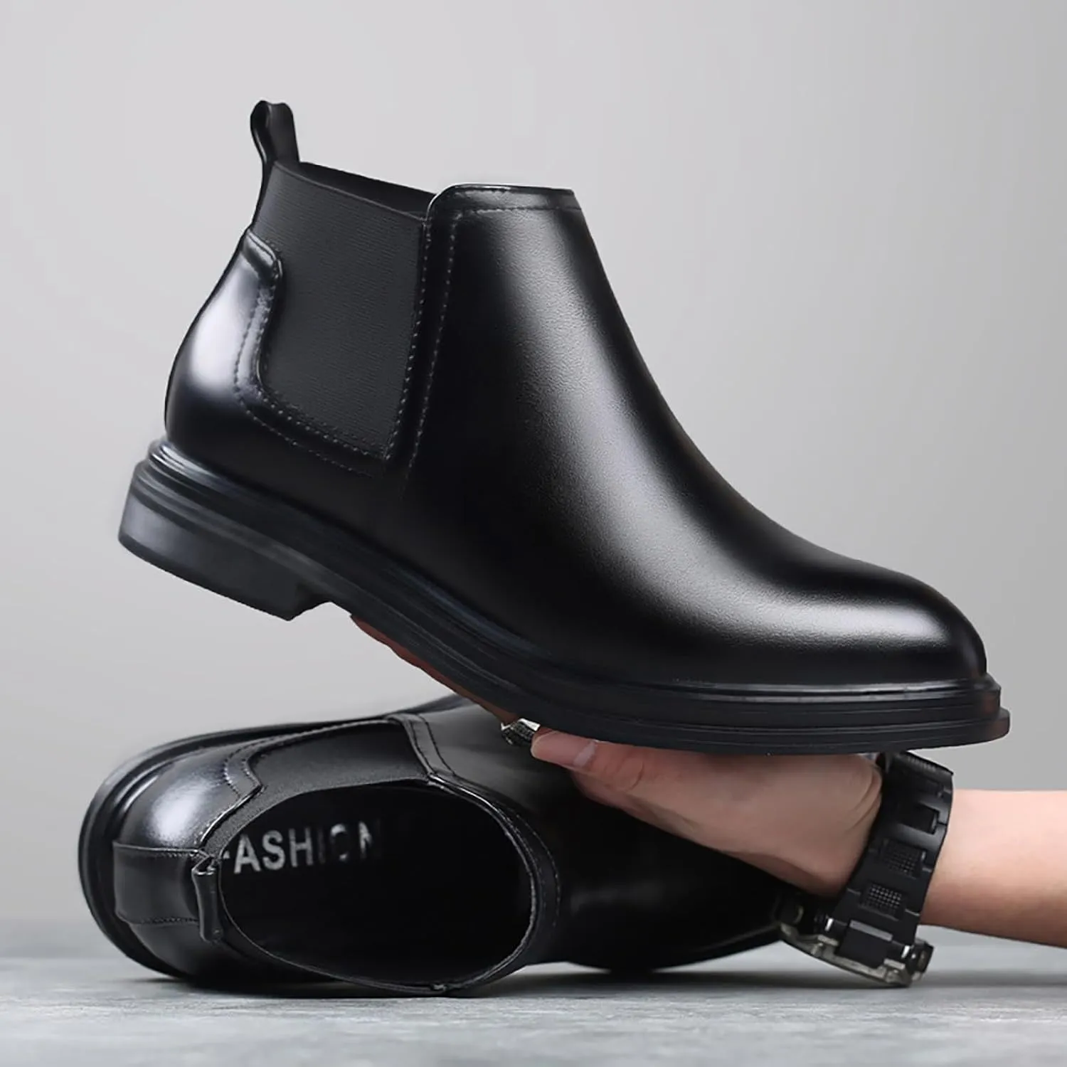 Men's Slip on Leather Chelsea Ankle Boots,Fall Winter Pointed Toe Fashion Elastic Pull on Comfort Dress Boots Casual Non Slip Waterproof Business Work Shoes