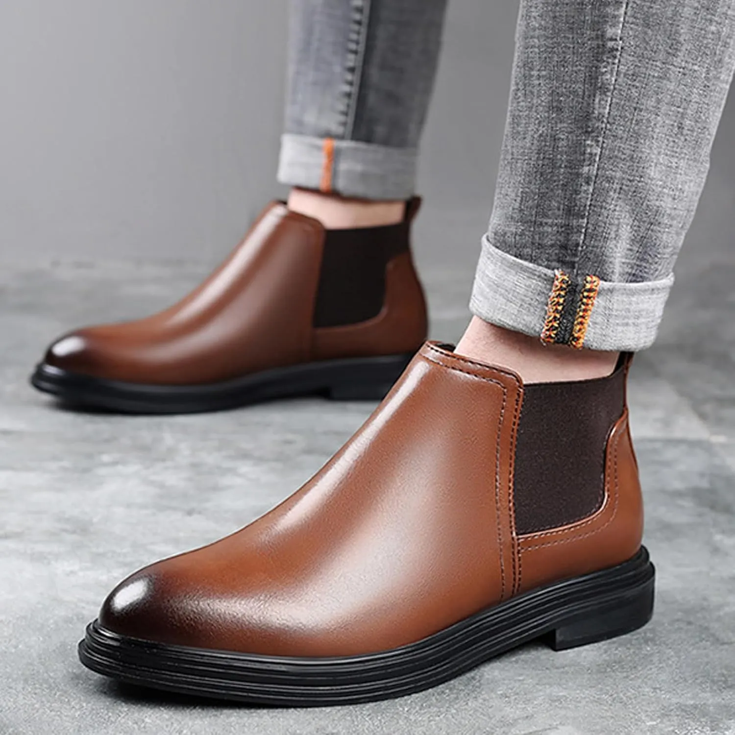 Men's Slip on Leather Chelsea Ankle Boots,Fall Winter Pointed Toe Fashion Elastic Pull on Comfort Dress Boots Casual Non Slip Waterproof Business Work Shoes