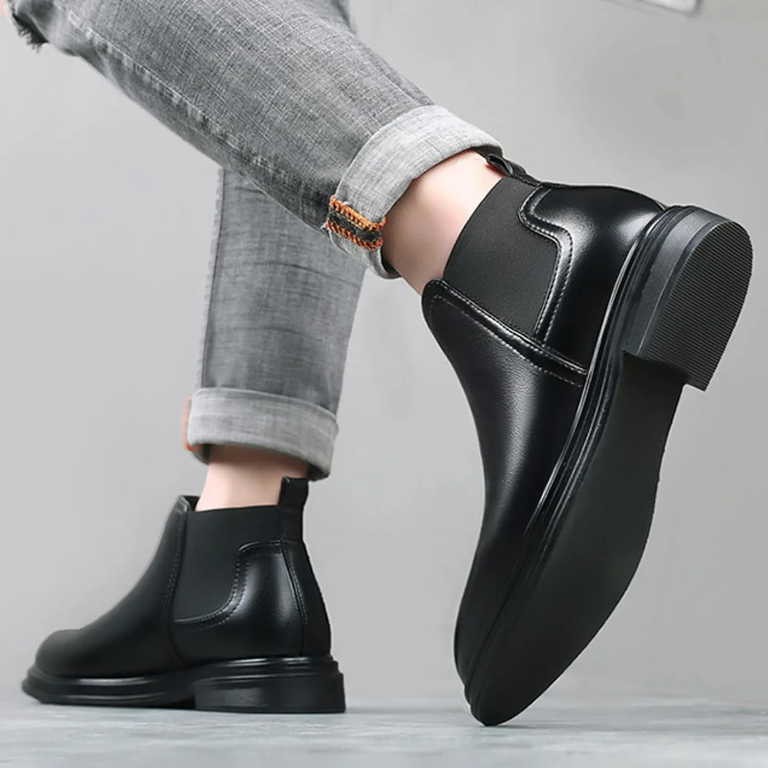 Men's Slip on Leather Chelsea Ankle Boots,Fall Winter Pointed Toe Fashion Elastic Pull on Comfort Dress Boots Casual Non Slip Waterproof Business Work Shoes