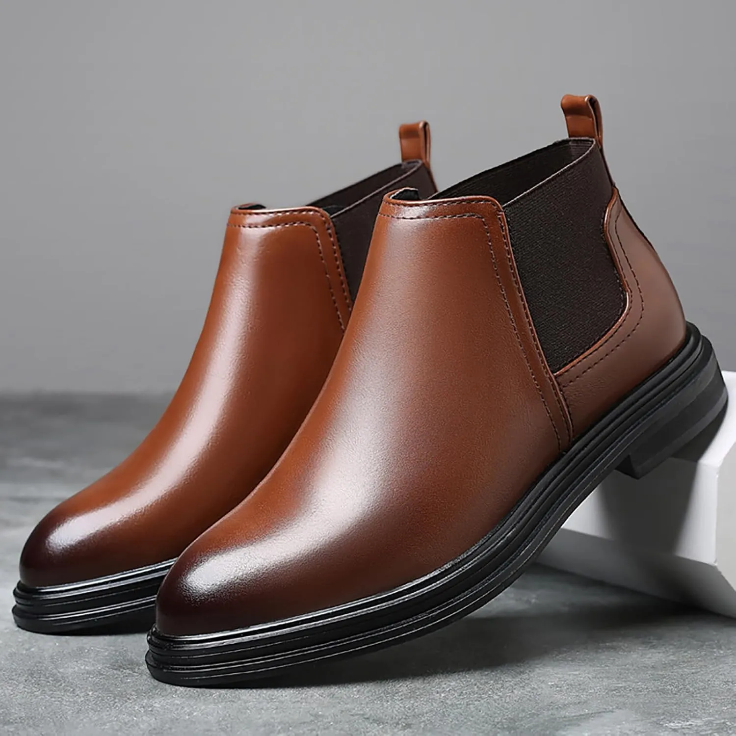 Men's Slip on Leather Chelsea Ankle Boots,Fall Winter Pointed Toe Fashion Elastic Pull on Comfort Dress Boots Casual Non Slip Waterproof Business Work Shoes