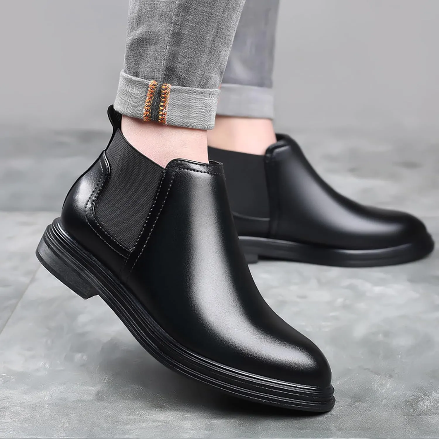 Men's Slip on Leather Chelsea Ankle Boots,Fall Winter Pointed Toe Fashion Elastic Pull on Comfort Dress Boots Casual Non Slip Waterproof Business Work Shoes