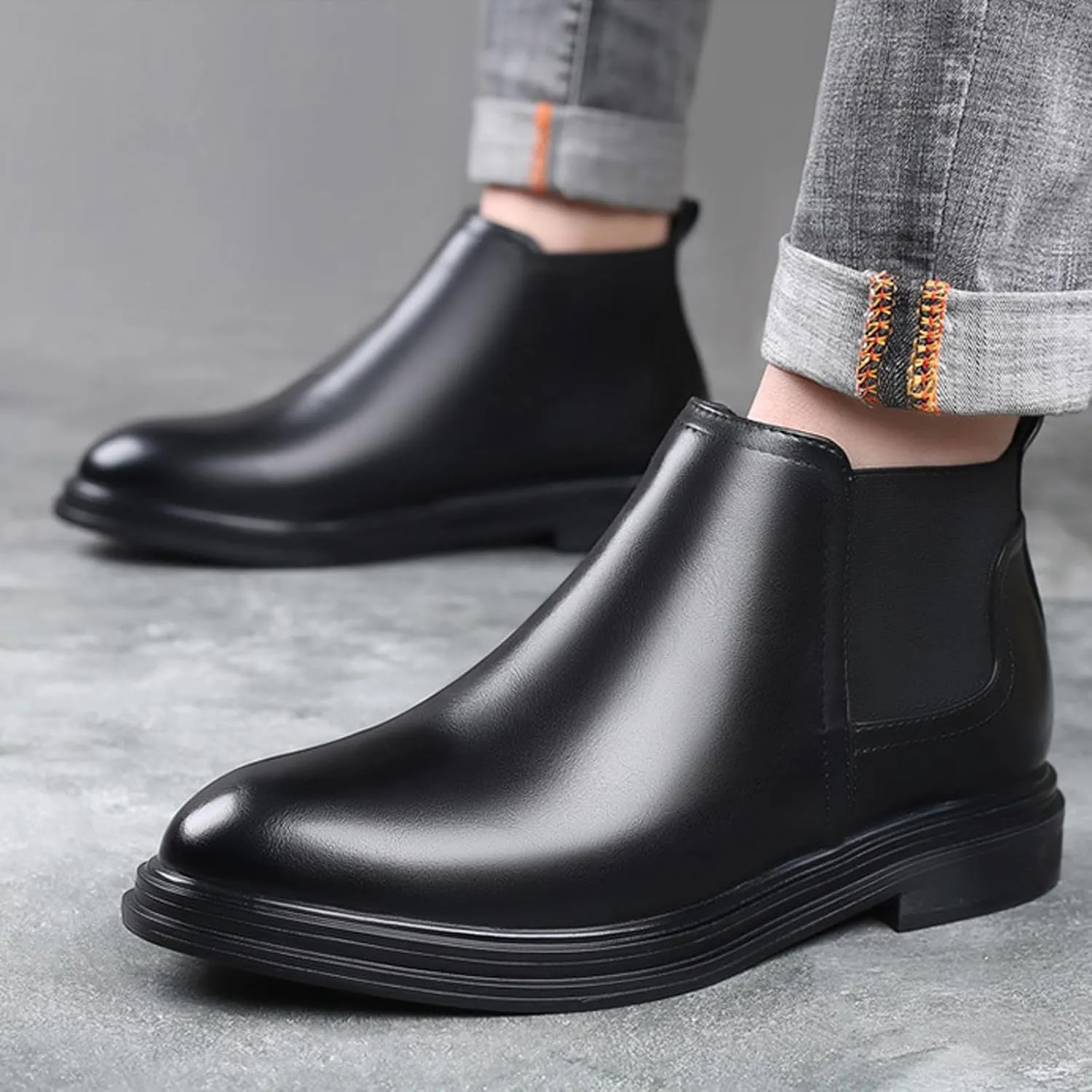 Men's Slip on Leather Chelsea Ankle Boots,Fall Winter Pointed Toe Fashion Elastic Pull on Comfort Dress Boots Casual Non Slip Waterproof Business Work Shoes