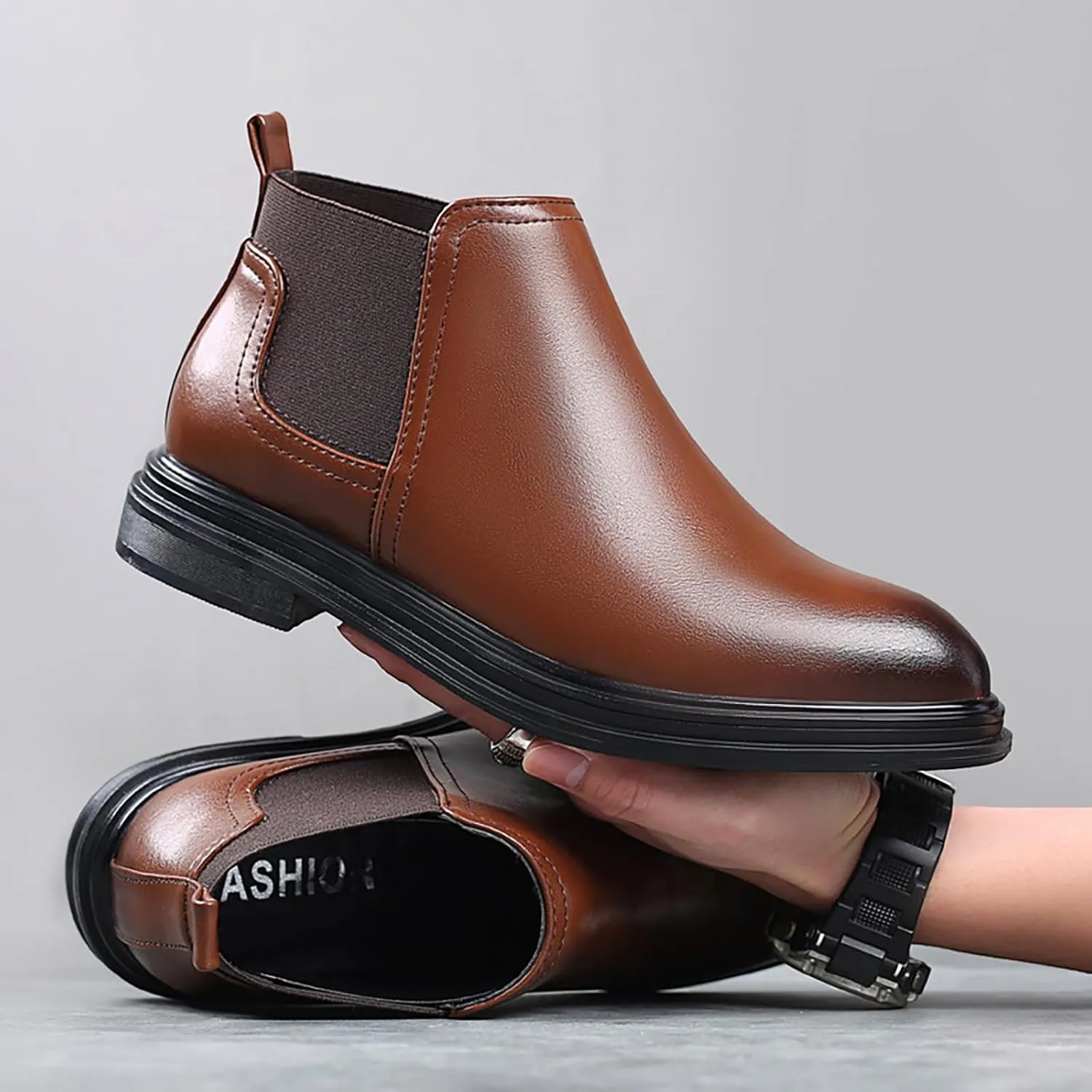 Men's Slip on Leather Chelsea Ankle Boots,Fall Winter Pointed Toe Fashion Elastic Pull on Comfort Dress Boots Casual Non Slip Waterproof Business Work Shoes