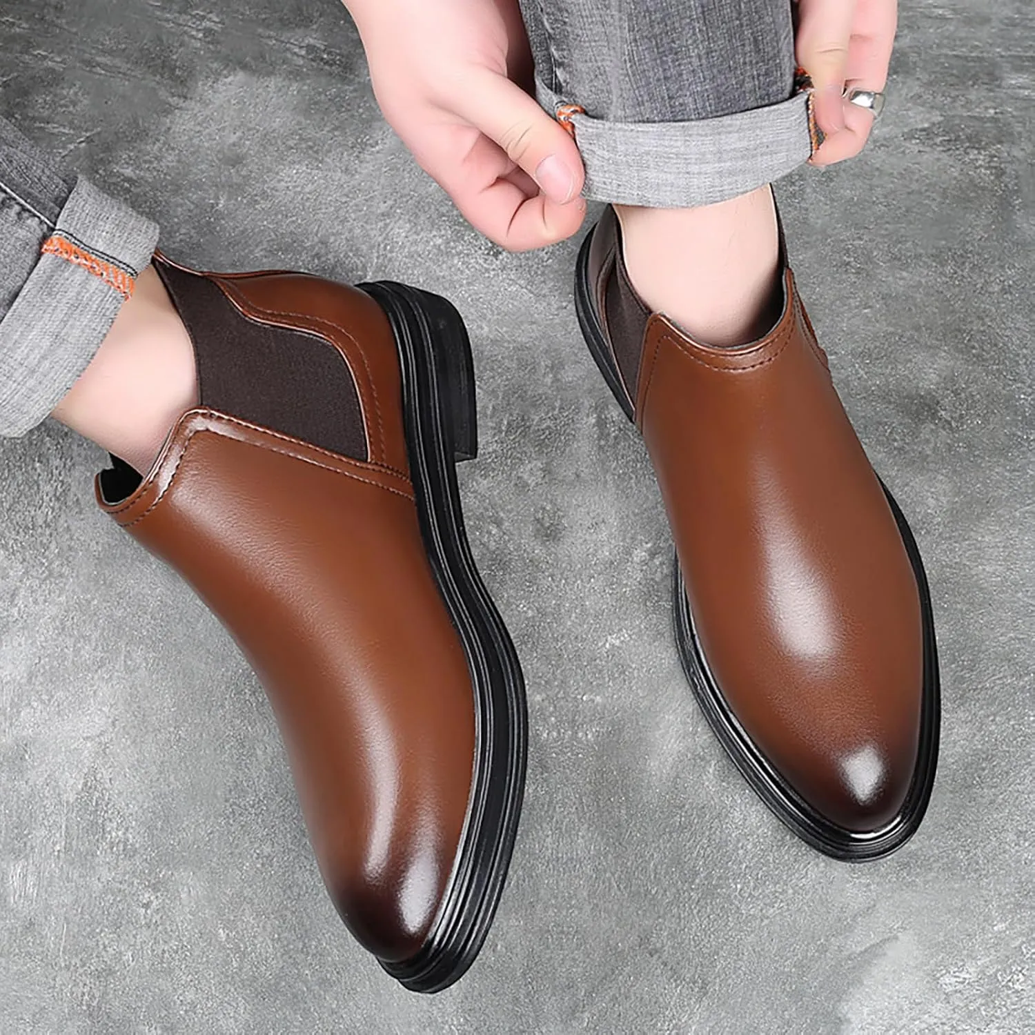 Men's Slip on Leather Chelsea Ankle Boots,Fall Winter Pointed Toe Fashion Elastic Pull on Comfort Dress Boots Casual Non Slip Waterproof Business Work Shoes
