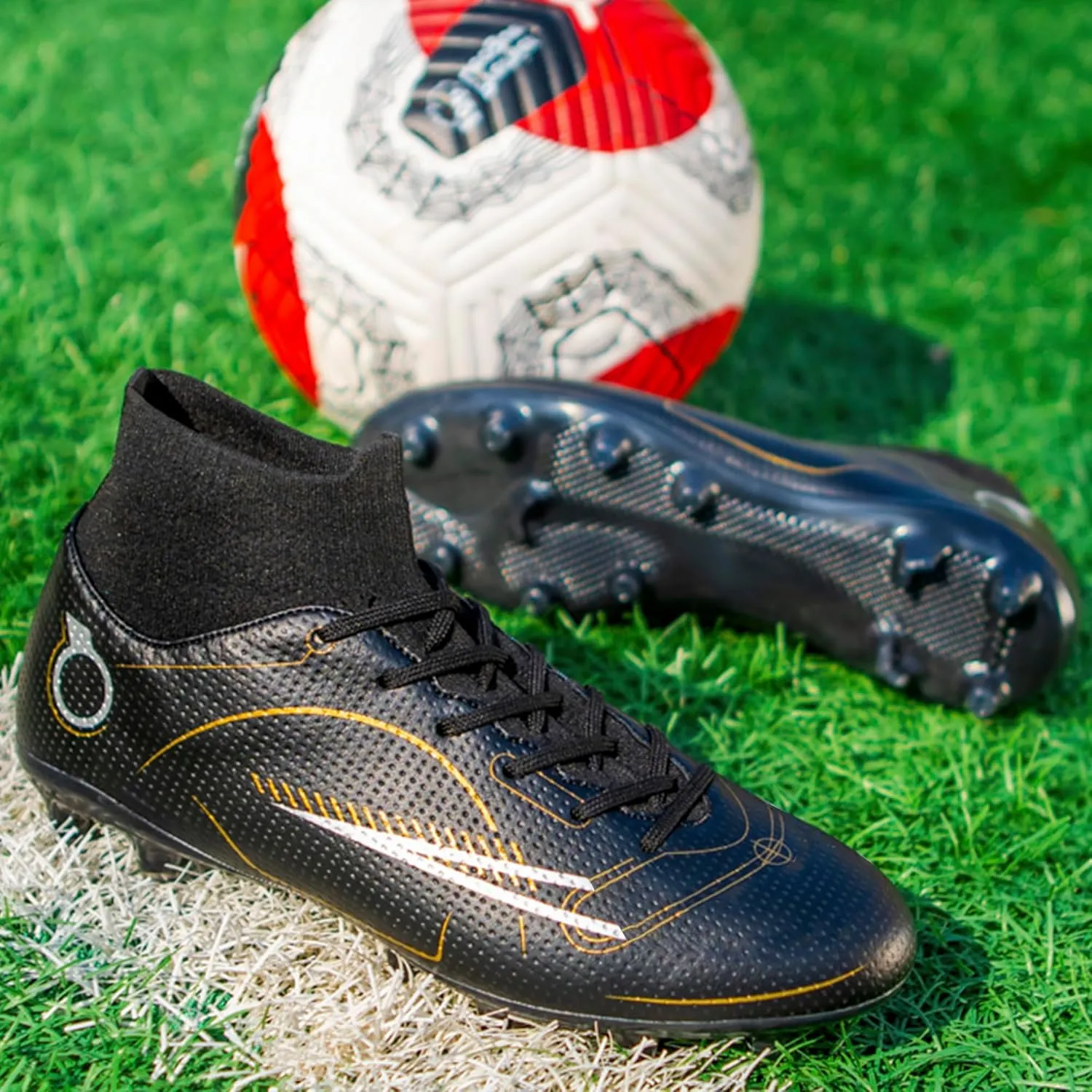 Men's Soccer Shoes Football Cleats High-Tops Lace-Up Non-Slip Spikes AG/FG