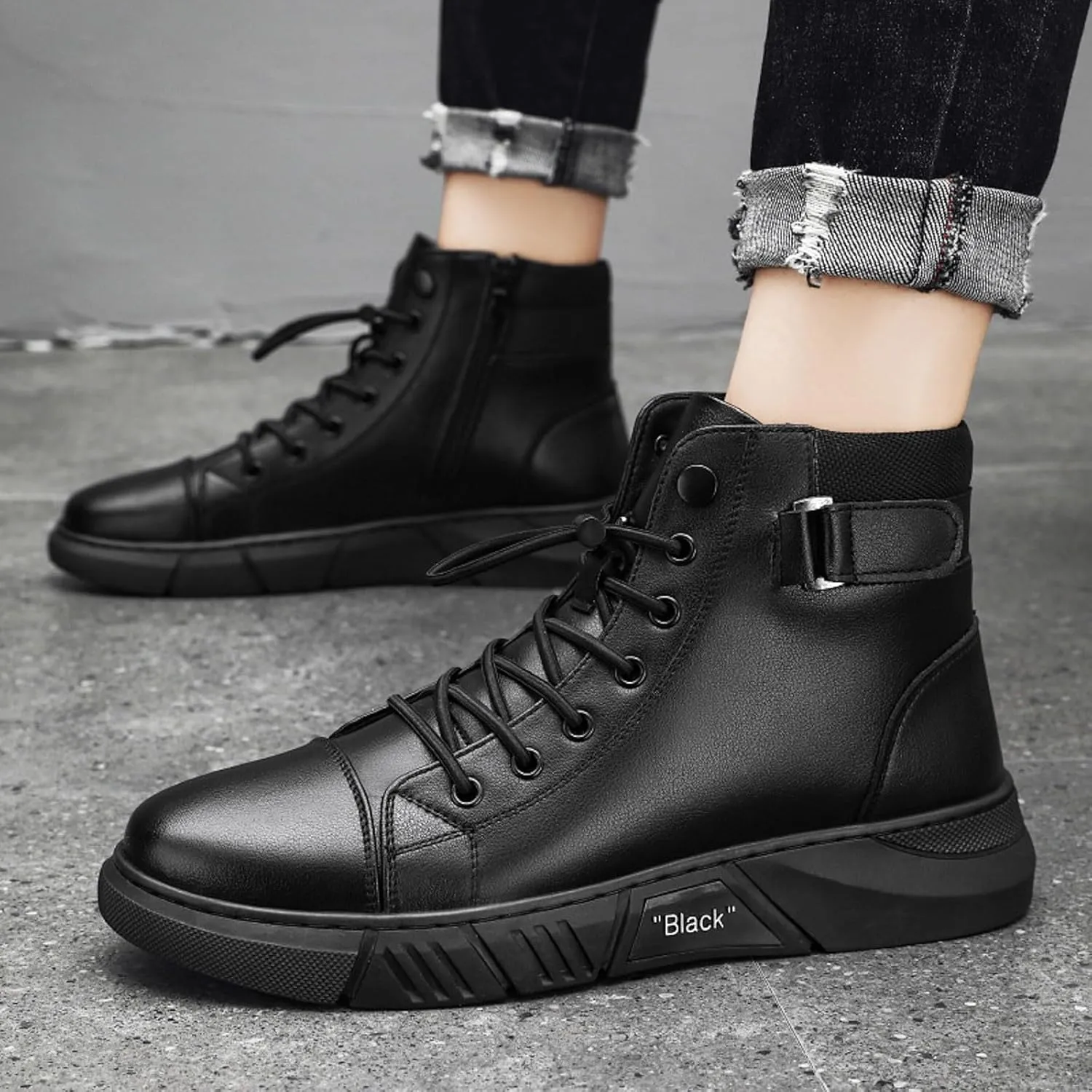 Men's Trendy Solid Color Ankle Boots Thick Sole Heightening Thigh High Boots Lace Up Non Slip Mens Winter Slip on Boots
