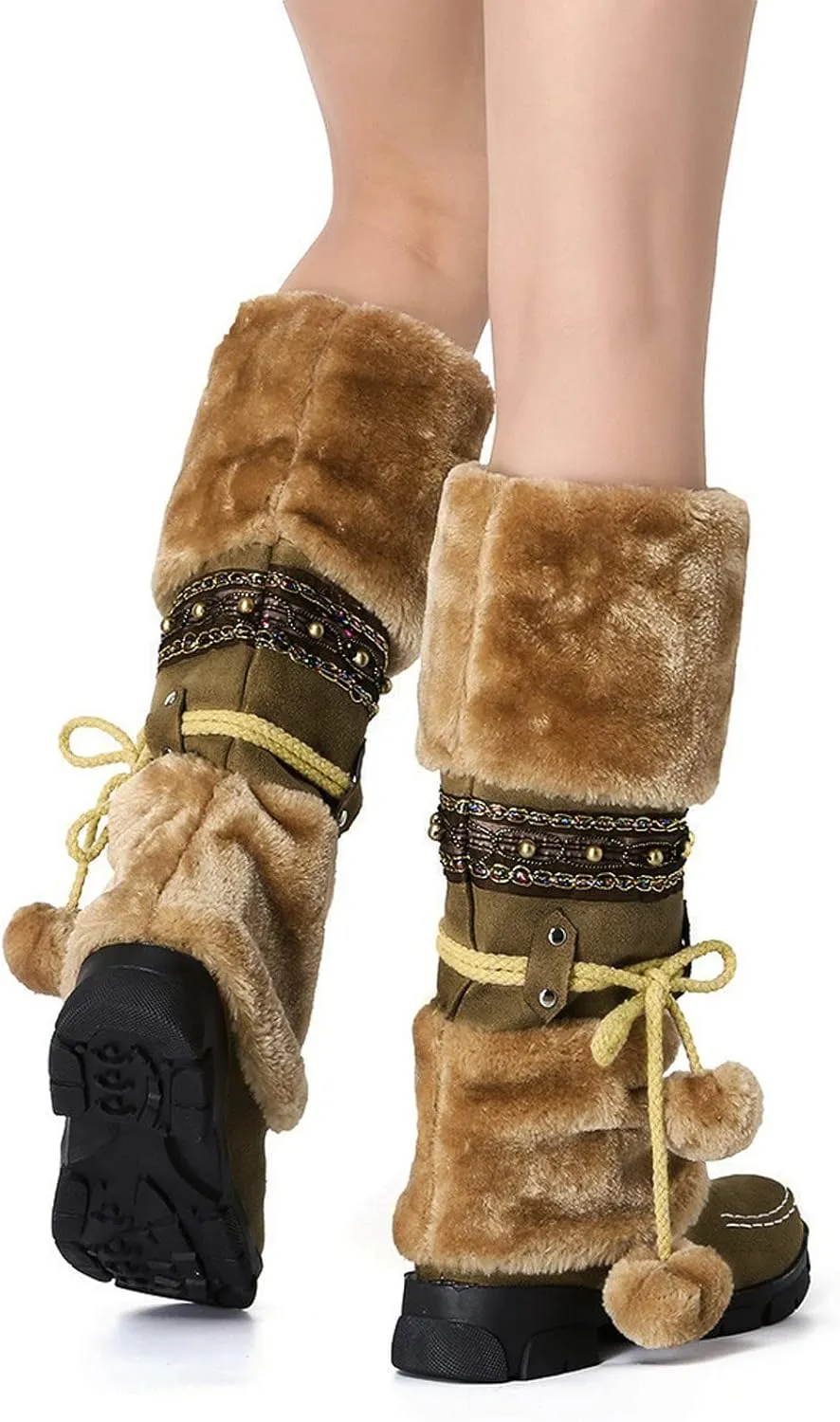 Mid Calf Boots For Women,Women's Long Winter Snow Boots Boho Ethnic Style Fuzzy Plush Fur Lined Knee High Boots Suede Pull On Square Toe Thick Sole Platform Tall Booties Warm Cozy Cute