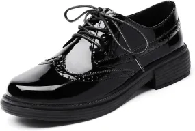 OKJ Oxford Shoes for Women, Black Womens Oxford Shoes Leather Platform Women's Oxfords Comfortable Dressy Slip On, Lace Up Vintage Shoes Casual Saddle Shoes for Women Work Business Dress