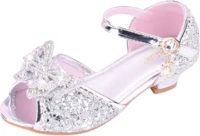 Open Front Bow Sequins Sandals for Girls Kids Princess Wedding Formal Ankle High Heel Shoes Summer Dress Dance Sandals