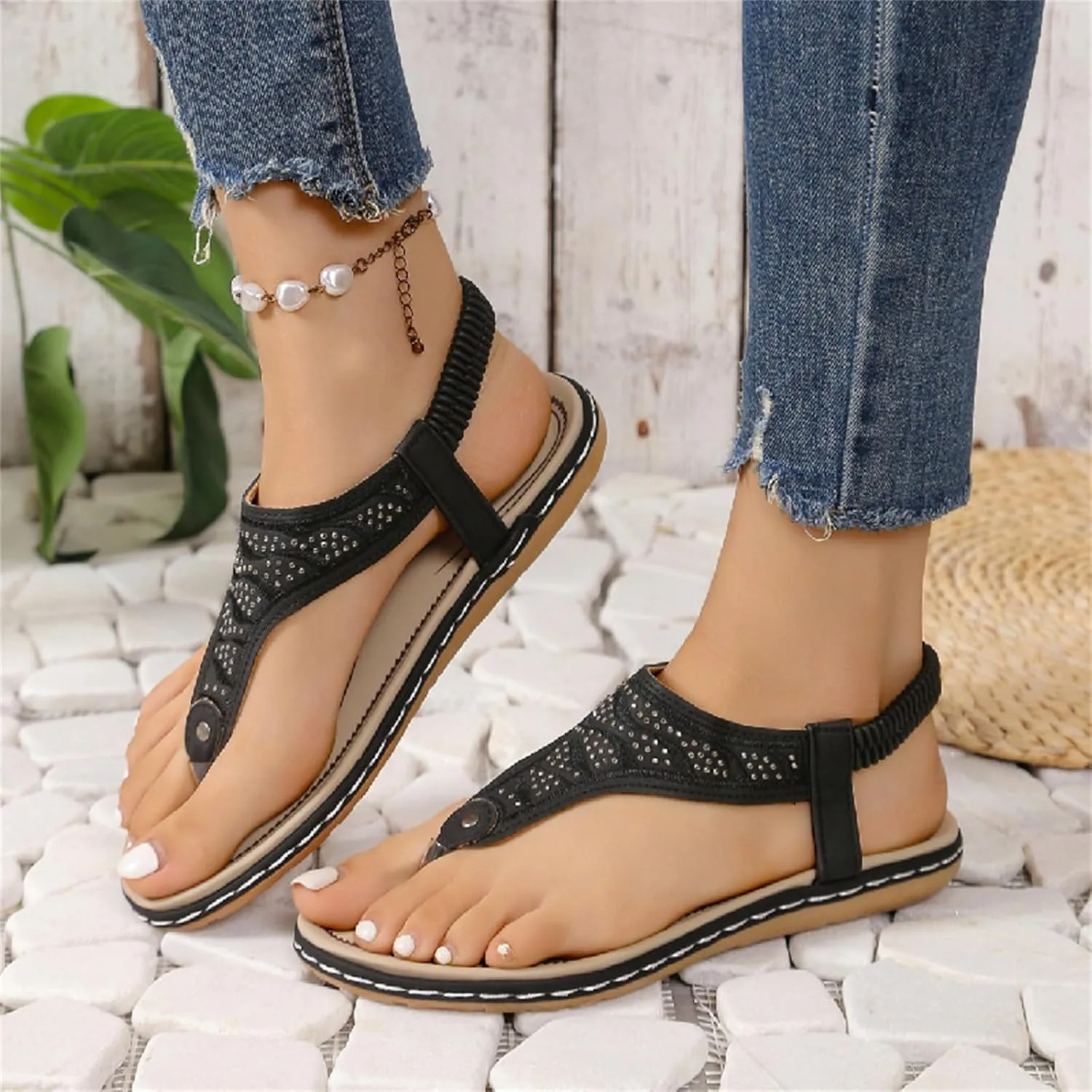 Orthopedic Sandals Women Casual Elastic Strappy Flat Sandals Arch Support T-Strap Walking Thong Flip-Flops Summer Lightweight Ridge Slingback Flat Sandal Comfortable Soft Cushion Shoes