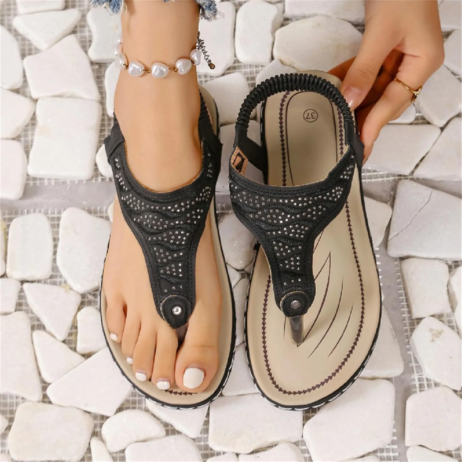 Orthopedic Sandals Women Casual Elastic Strappy Flat Sandals Arch Support T-Strap Walking Thong Flip-Flops Summer Lightweight Ridge Slingback Flat Sandal Comfortable Soft Cushion Shoes