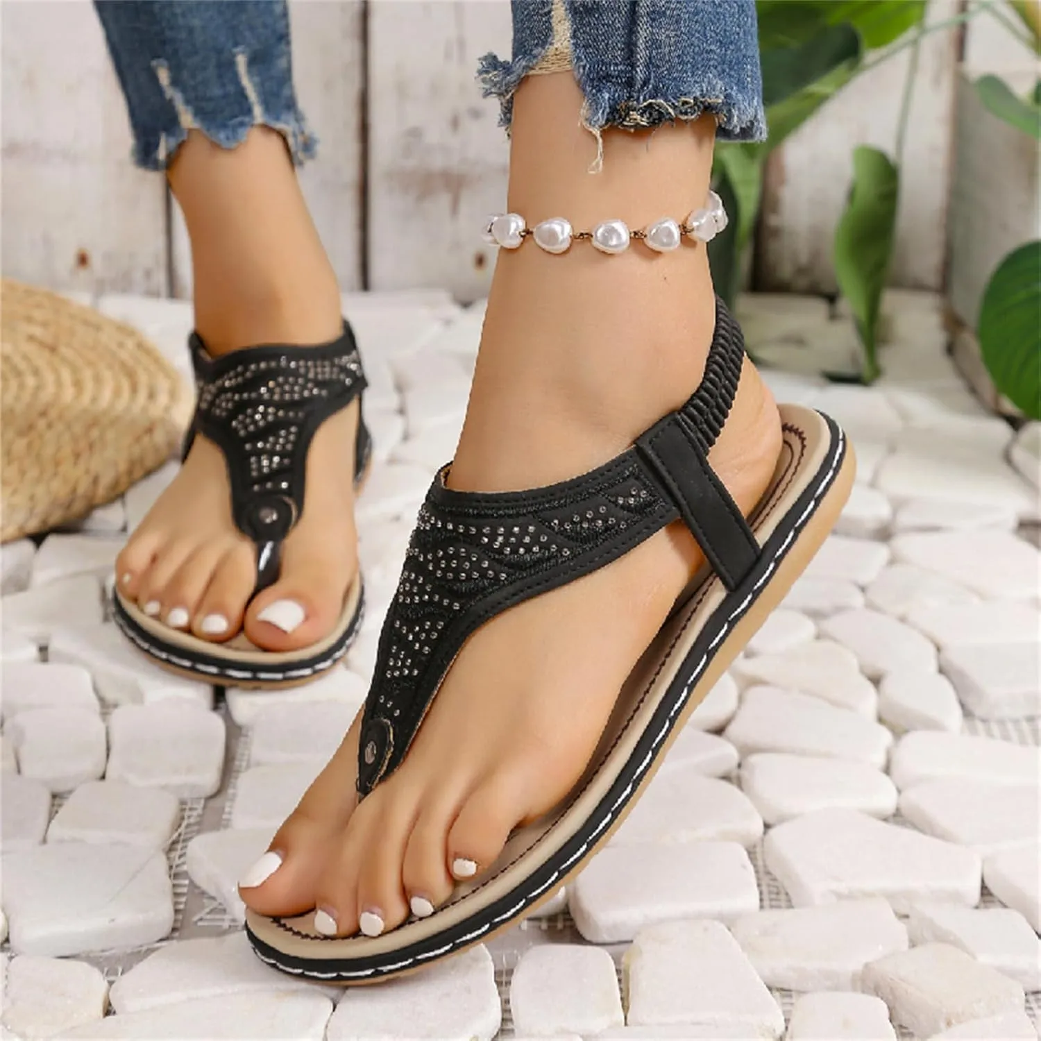 Orthopedic Sandals Women Casual Elastic Strappy Flat Sandals Arch Support T-Strap Walking Thong Flip-Flops Summer Lightweight Ridge Slingback Flat Sandal Comfortable Soft Cushion Shoes