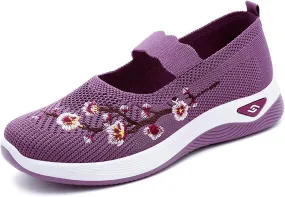 Orthopedic Shoes for Women Flower Embroidered Slip On Casual Woven Flat Loafers Breathable Soft Shoe Diabetic Walking Sneakers Comfortable Non Slip Work Sneaker with Arch Support