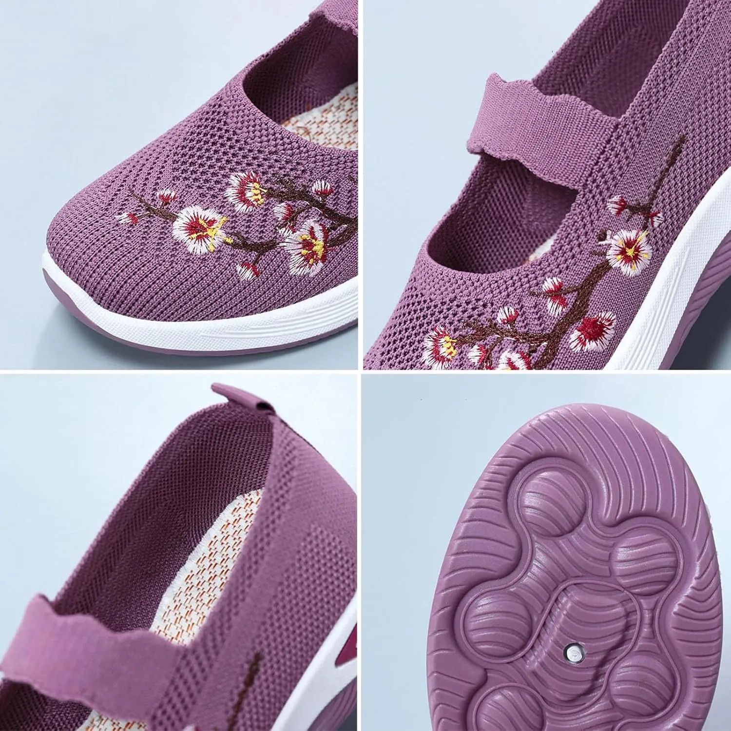 Orthopedic Shoes for Women Flower Embroidered Slip On Casual Woven Flat Loafers Breathable Soft Shoe Diabetic Walking Sneakers Comfortable Non Slip Work Sneaker with Arch Support