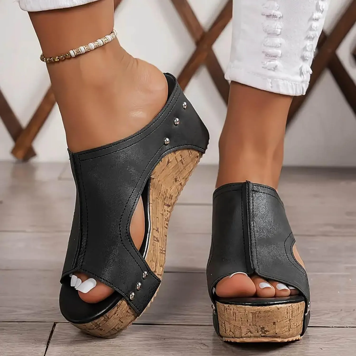 Platform Wedge Sandals for Women 2025 Comfortable Open Toe Thick Sole Comfy Leather Sandals Orthopedic Wedges Ladies Shoes Slip on Slides Low Heel Open Toe Ankle Strap Sandal 2025