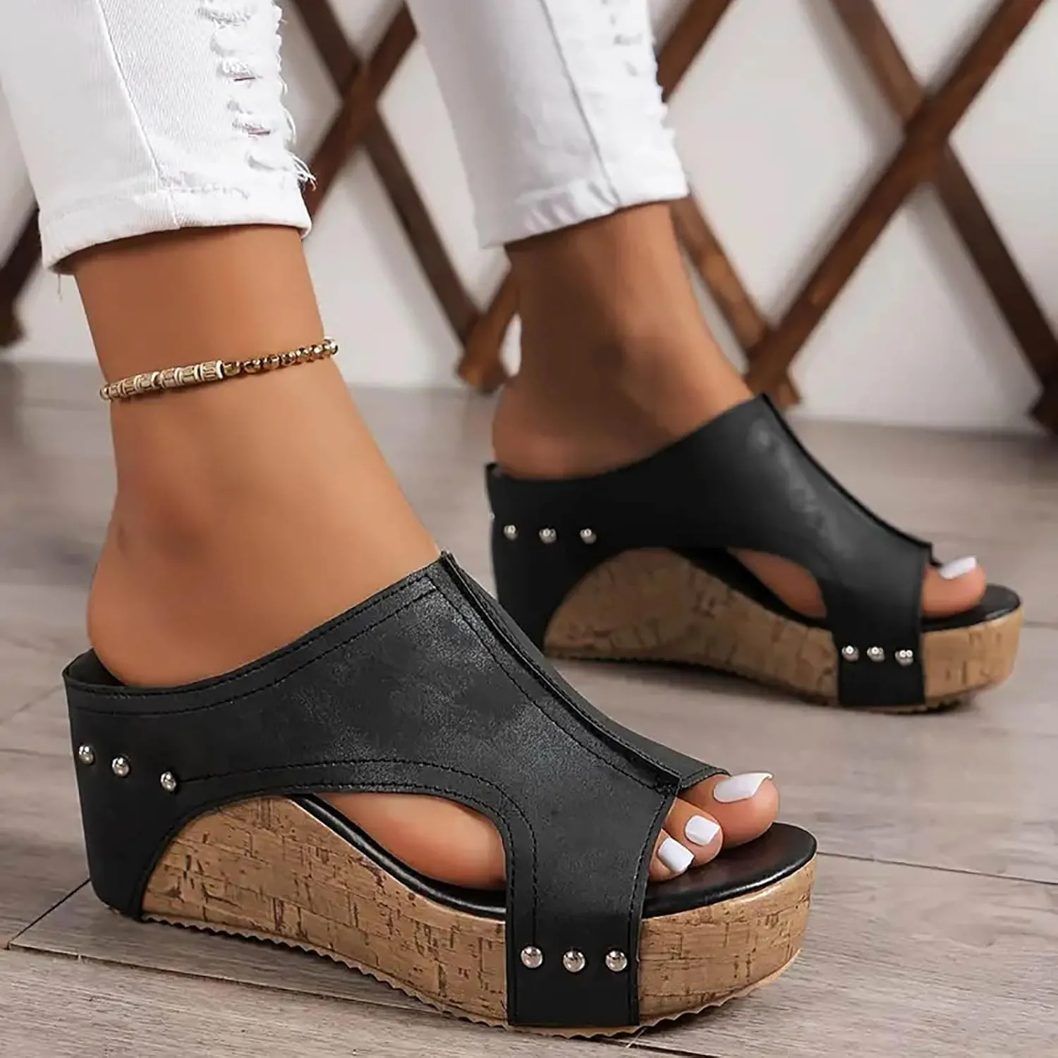 Platform Wedge Sandals for Women 2025 Comfortable Open Toe Thick Sole Comfy Leather Sandals Orthopedic Wedges Ladies Shoes Slip on Slides Low Heel Open Toe Ankle Strap Sandal 2025