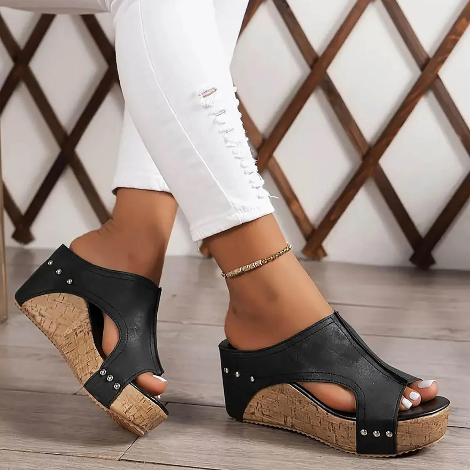 Platform Wedge Sandals for Women 2025 Comfortable Open Toe Thick Sole Comfy Leather Sandals Orthopedic Wedges Ladies Shoes Slip on Slides Low Heel Open Toe Ankle Strap Sandal 2025