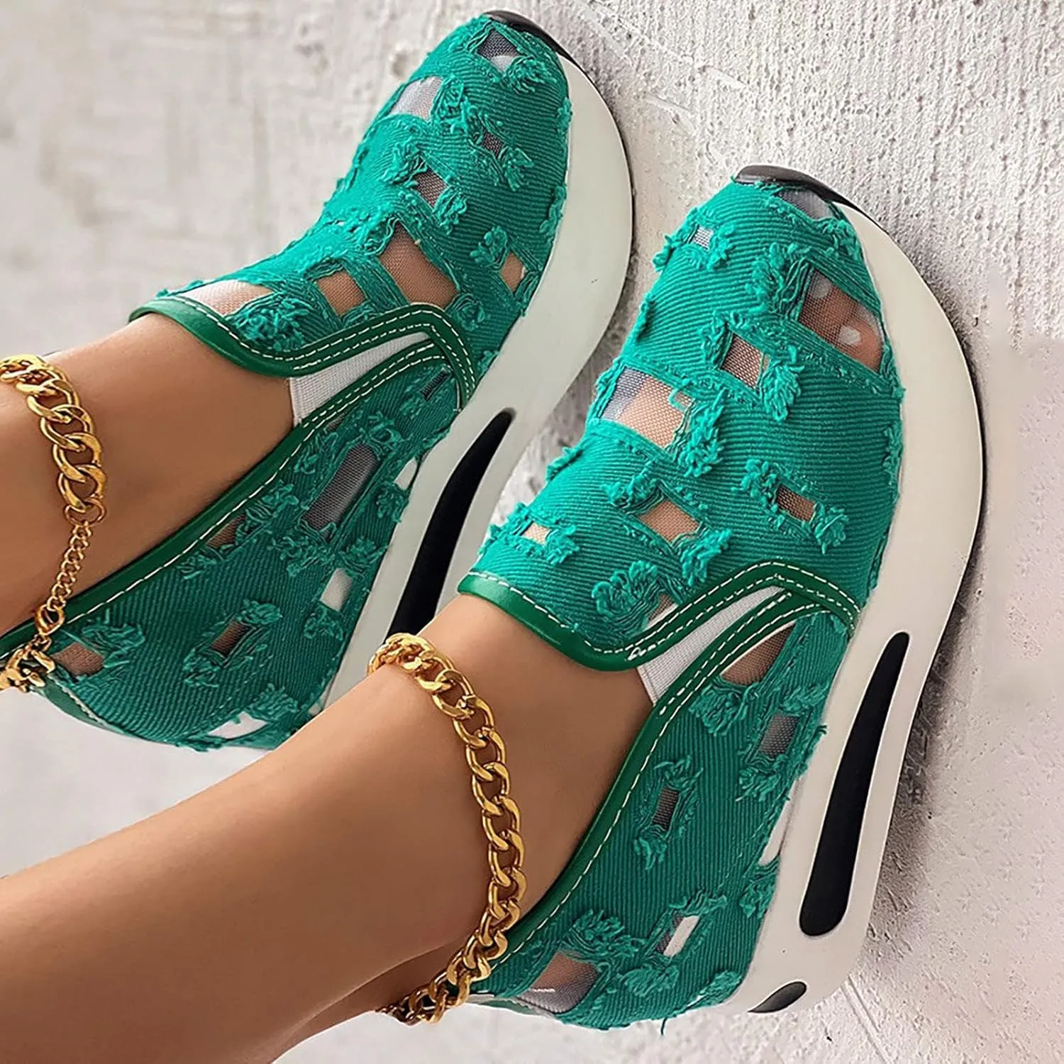 Platform Wedge Sneakers for Women Dressy Casual High Heel Loafers Floral Embroidery Tennis Shoes Breathable Walking Shoe Comfortable Sheer Mesh Slip on Shoe Chunky Sole Sneaker with Arch Support