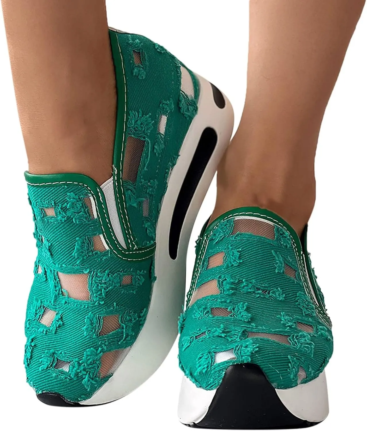 Platform Wedge Sneakers for Women Dressy Casual High Heel Loafers Floral Embroidery Tennis Shoes Breathable Walking Shoe Comfortable Sheer Mesh Slip on Shoe Chunky Sole Sneaker with Arch Support