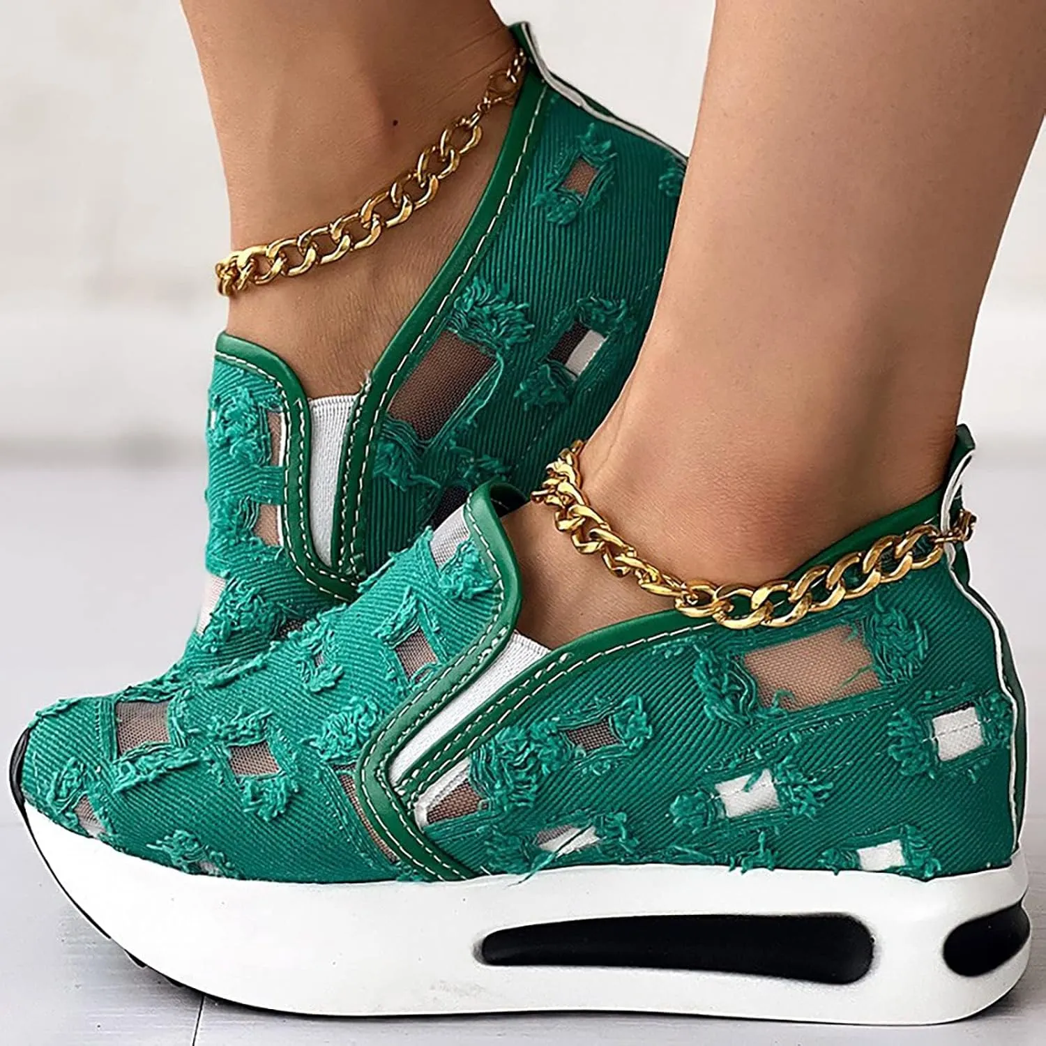 Platform Wedge Sneakers for Women Dressy Casual High Heel Loafers Floral Embroidery Tennis Shoes Breathable Walking Shoe Comfortable Sheer Mesh Slip on Shoe Chunky Sole Sneaker with Arch Support