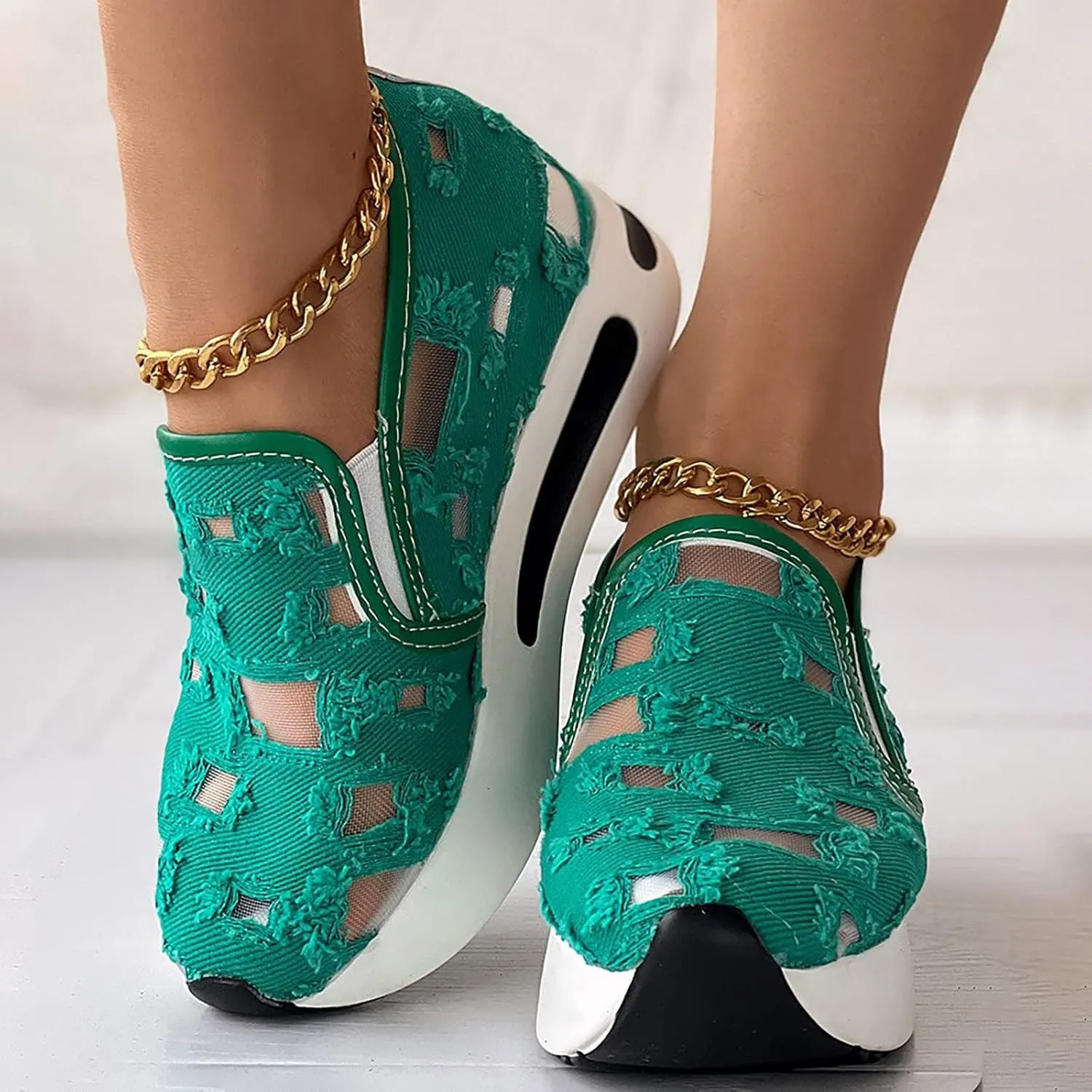 Platform Wedge Sneakers for Women Dressy Casual High Heel Loafers Floral Embroidery Tennis Shoes Breathable Walking Shoe Comfortable Sheer Mesh Slip on Shoe Chunky Sole Sneaker with Arch Support