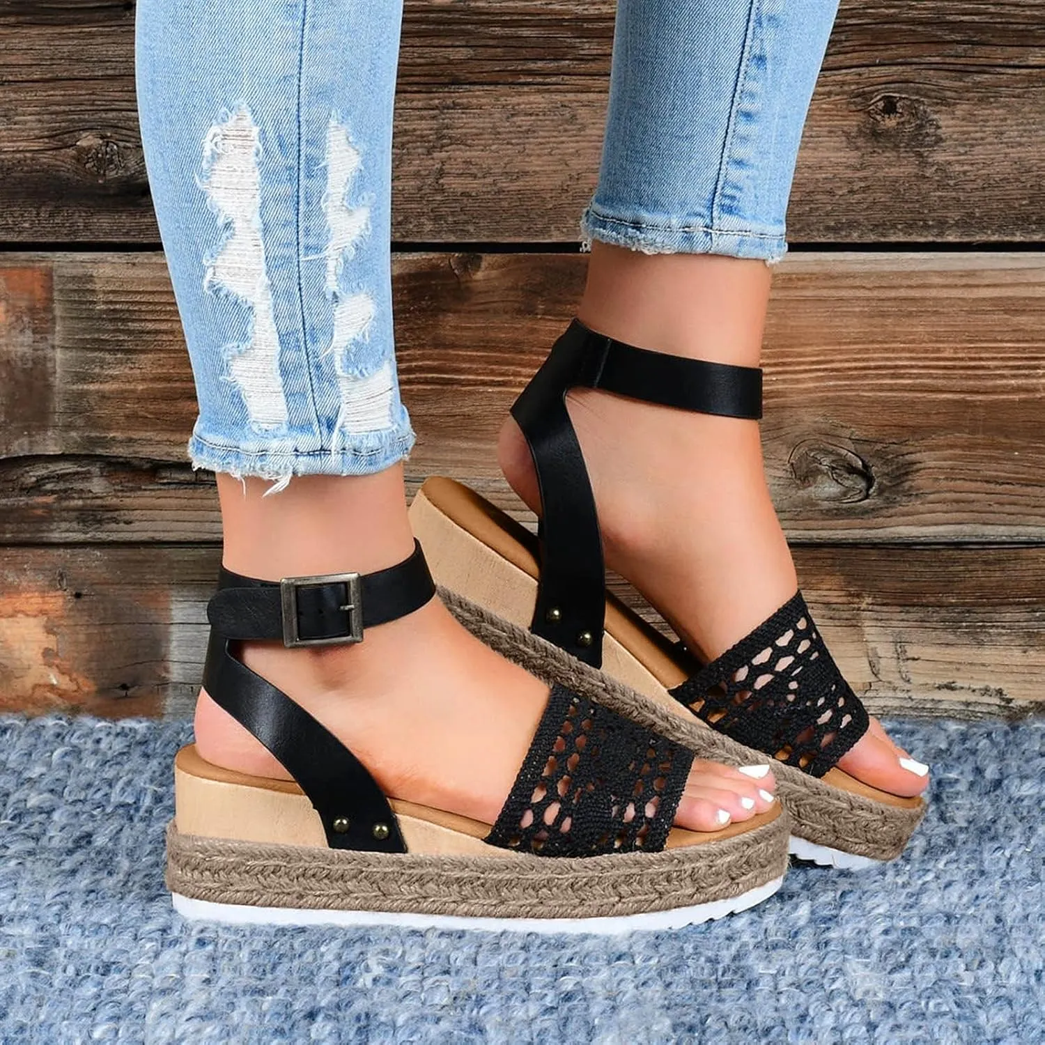 Sandals for Women Casual Elastic Ankle Strap Platform Sandals Flat Sandals Womens Low Wedges Platform Sandals