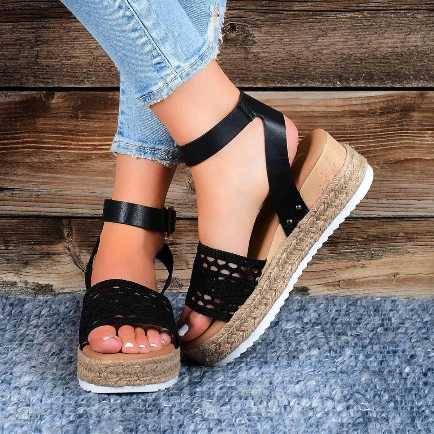 Sandals for Women Casual Elastic Ankle Strap Platform Sandals Flat Sandals Womens Low Wedges Platform Sandals