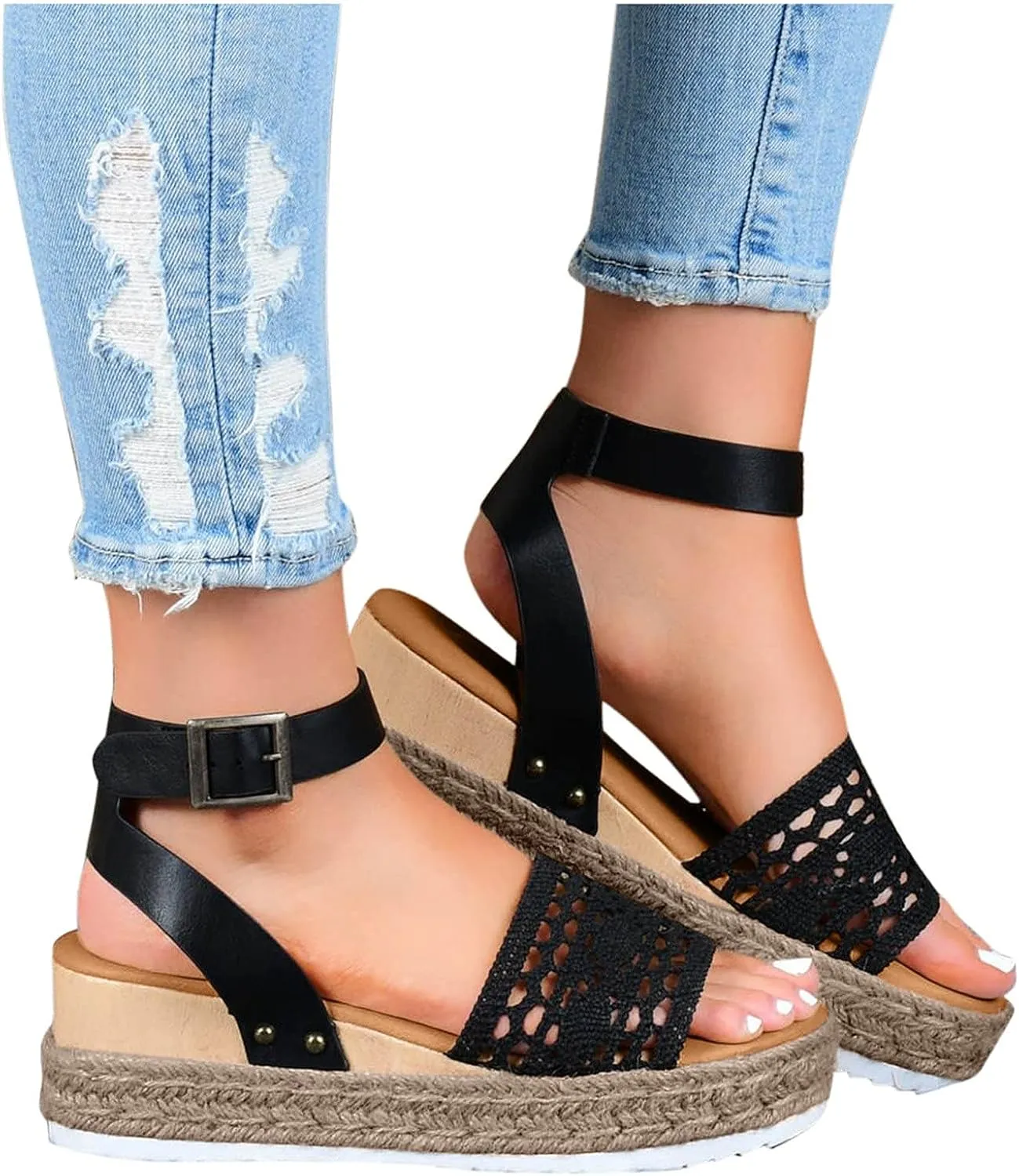Sandals for Women Casual Elastic Ankle Strap Platform Sandals Flat Sandals Womens Low Wedges Platform Sandals