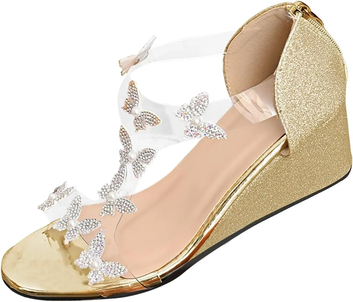 Sandals for Women Wedge Shoes Plus Size Crystal Butterfly Sandals For Women; New Summer With Round Toe And Wedge Heel