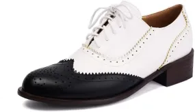 Seborluys Lace-up Wingtips Oxford Shoes for Womens Vintage Multicolor Leather Chunky Heels Two Tone Perforated Saddle Pumps Shoe Low Heel Oxfords Brogues