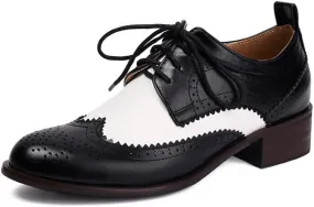 Seborluys Lace-up Wingtips Oxford Shoes for Womens Vintage Multicolor Leather Chunky Heels Two Tone Perforated Saddle Pumps Shoe Low Heel Oxfords Brogues