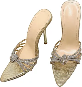 SHEMEE Sparkly Rhinestones Heels for Women Pointy Stiletto High Heels Sandals Chic Knot Slide Mules Wedding Dress Shoes