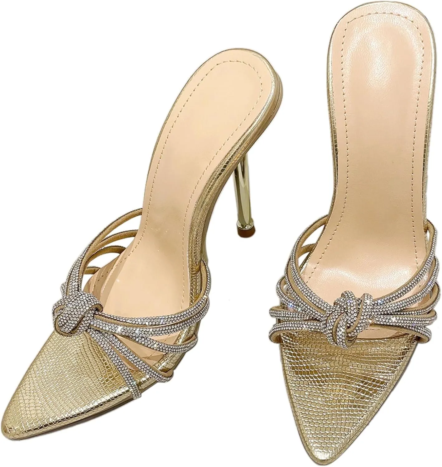 SHEMEE Sparkly Rhinestones Heels for Women Pointy Stiletto High Heels Sandals Chic Knot Slide Mules Wedding Dress Shoes
