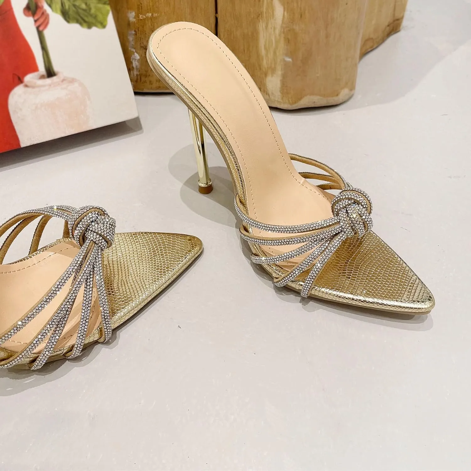 SHEMEE Sparkly Rhinestones Heels for Women Pointy Stiletto High Heels Sandals Chic Knot Slide Mules Wedding Dress Shoes