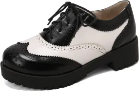 SHEMEE Womens Wingtip Oxfords Chunky Heels Pumps Two Tone Brogues Low Heel Platform Saddle Shoes Size 8.5,White