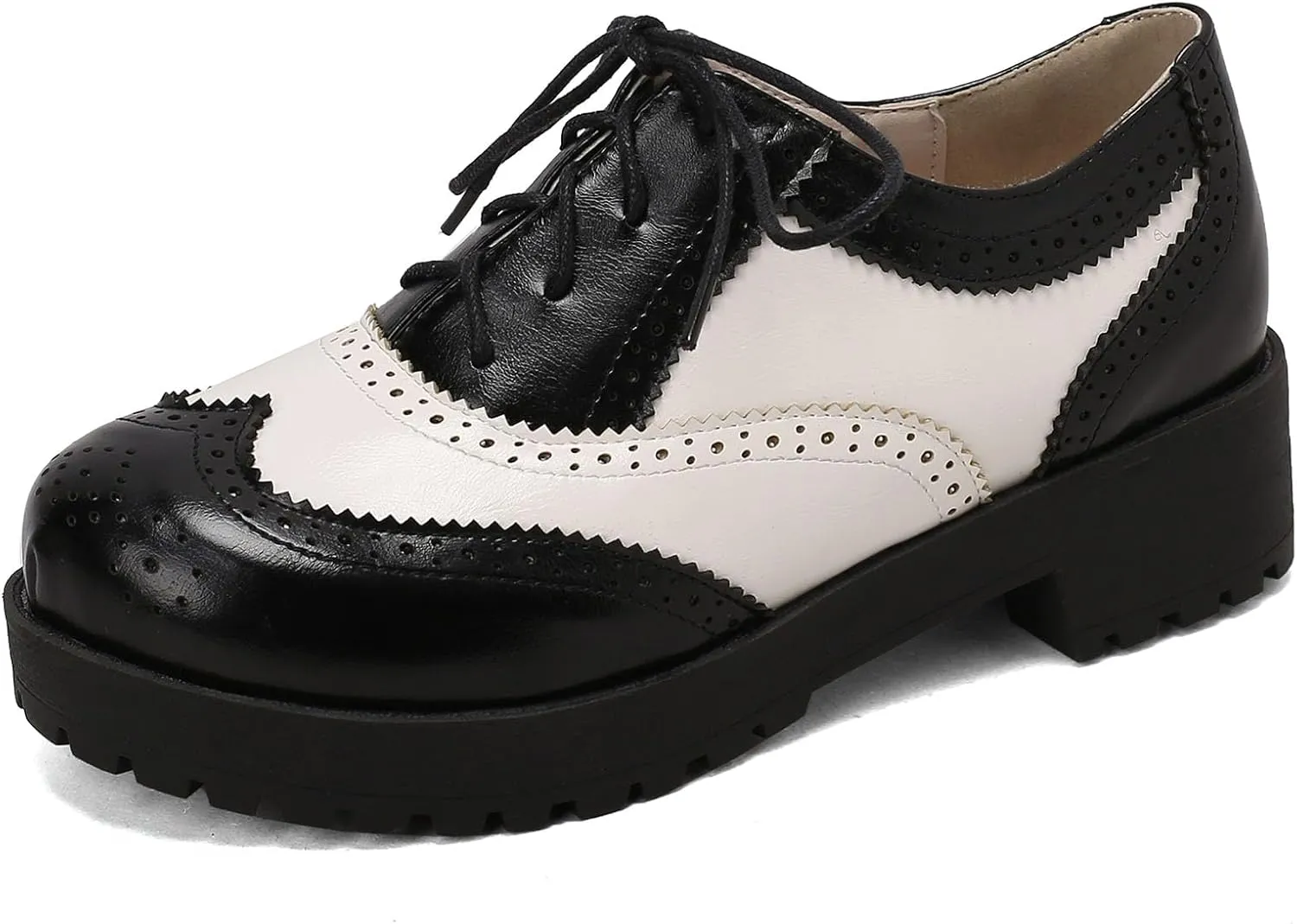 SHEMEE Womens Wingtip Oxfords Chunky Heels Pumps Two Tone Brogues Low Heel Platform Saddle Shoes Size 8.5,White