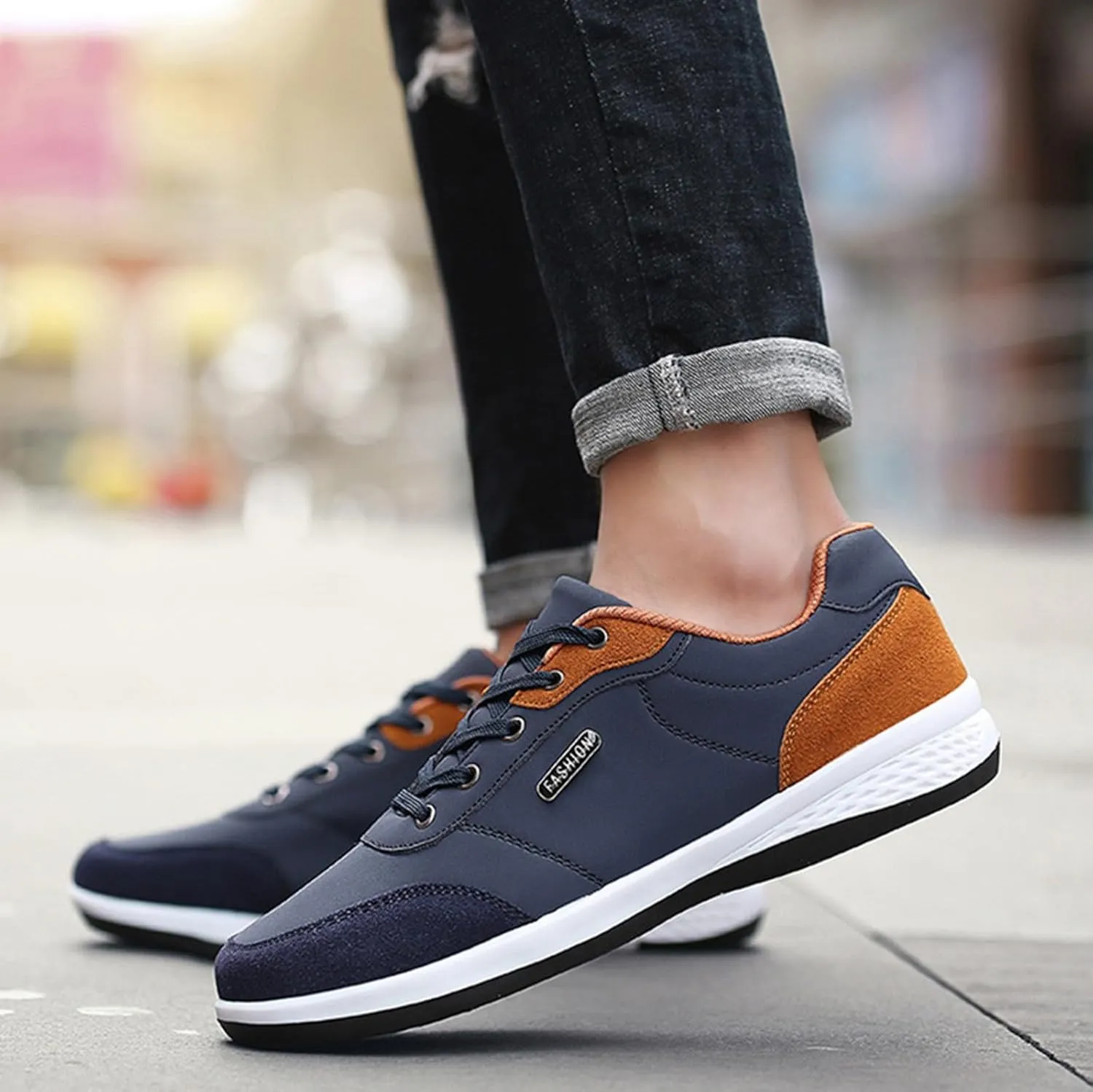 Slip on Walking Shoes Men Comfy PU Leather Memory Foam Breathable Fashion Sneakers Lace Up Non Slip Arch Support Cushioning Workout Tennis Shoes Wide Width