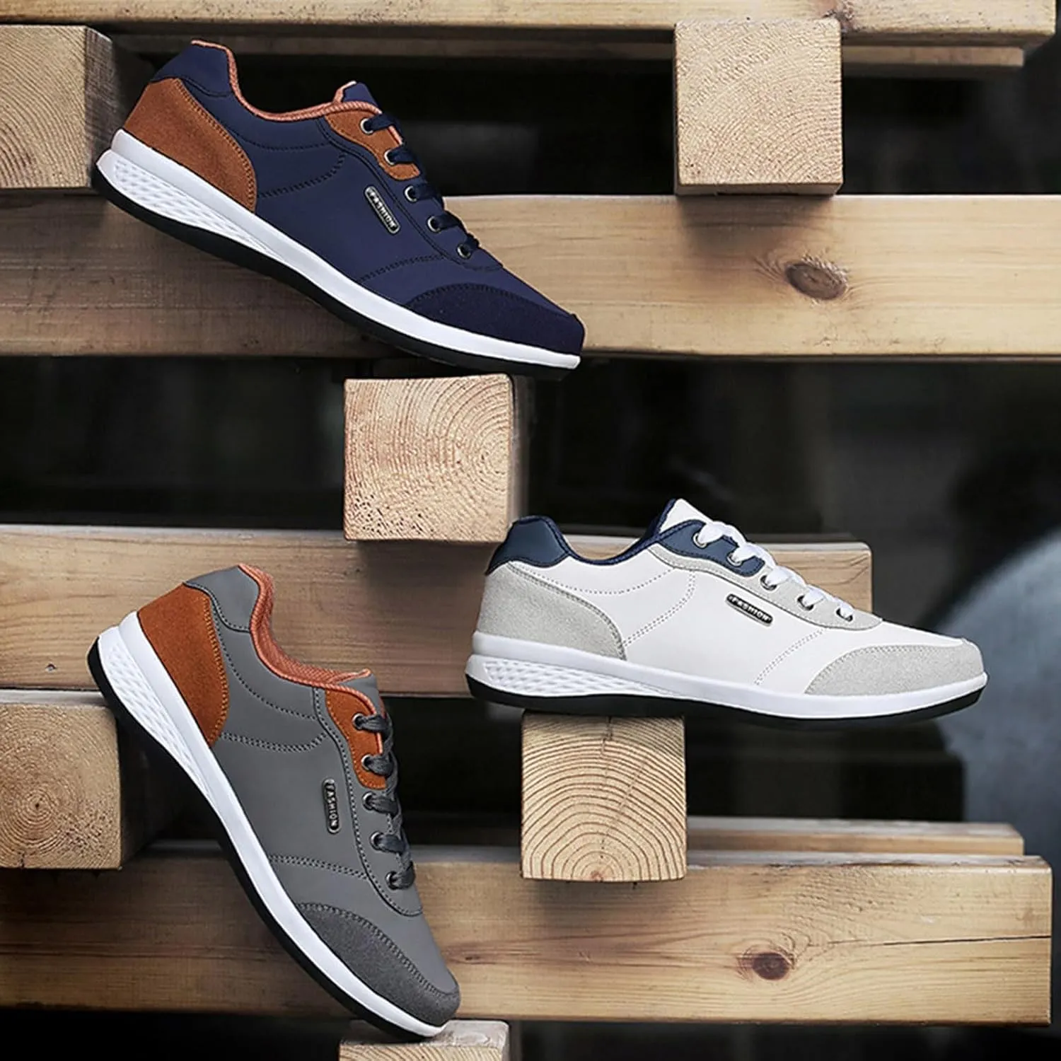 Slip on Walking Shoes Men Comfy PU Leather Memory Foam Breathable Fashion Sneakers Lace Up Non Slip Arch Support Cushioning Workout Tennis Shoes Wide Width