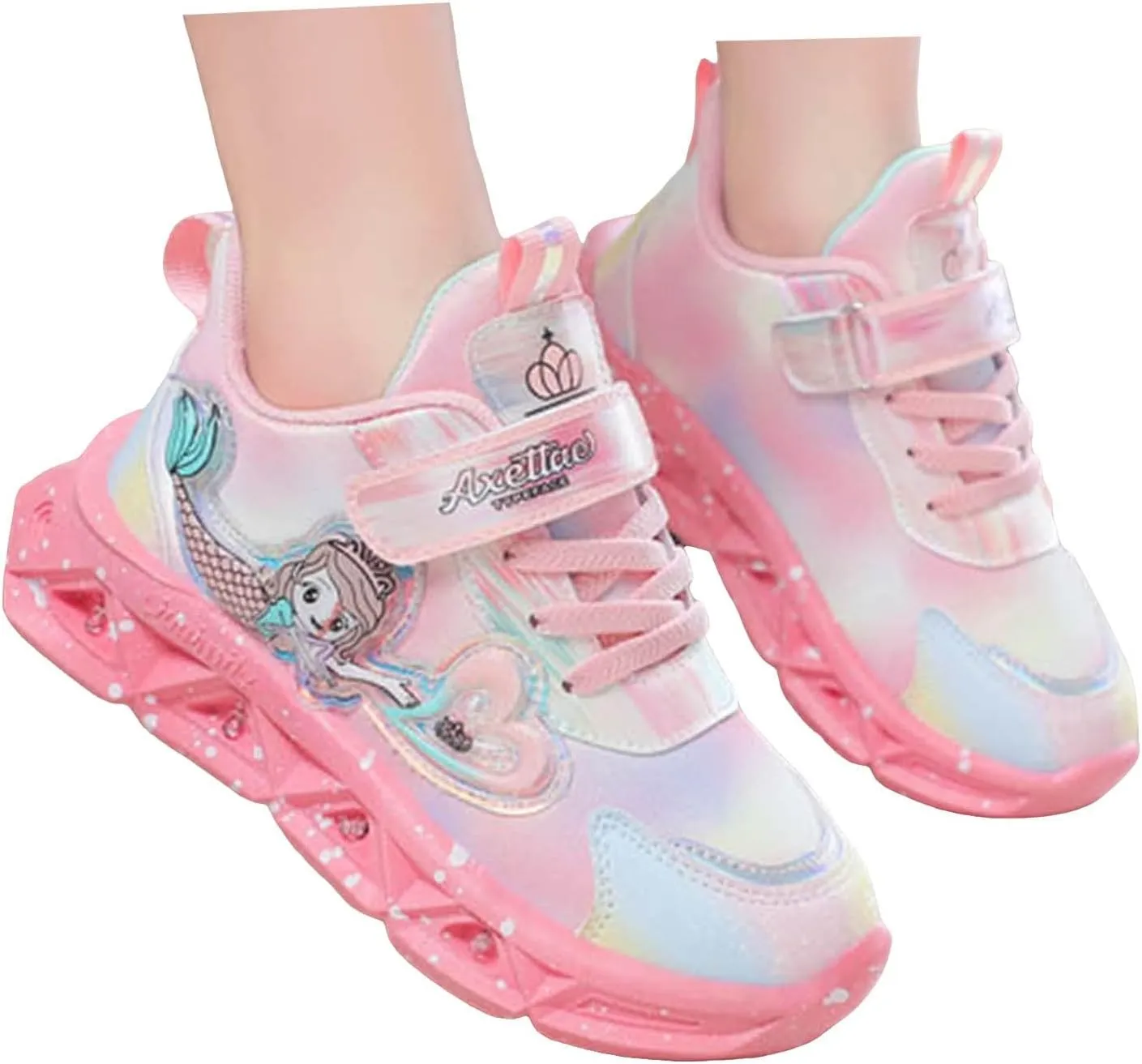 Sneakers for Girls Kids Light Up Mermaid Pattern Sneaker Hook Loop Thick Bottom Non Slip Sports Shoes Fashion Casual Shoes