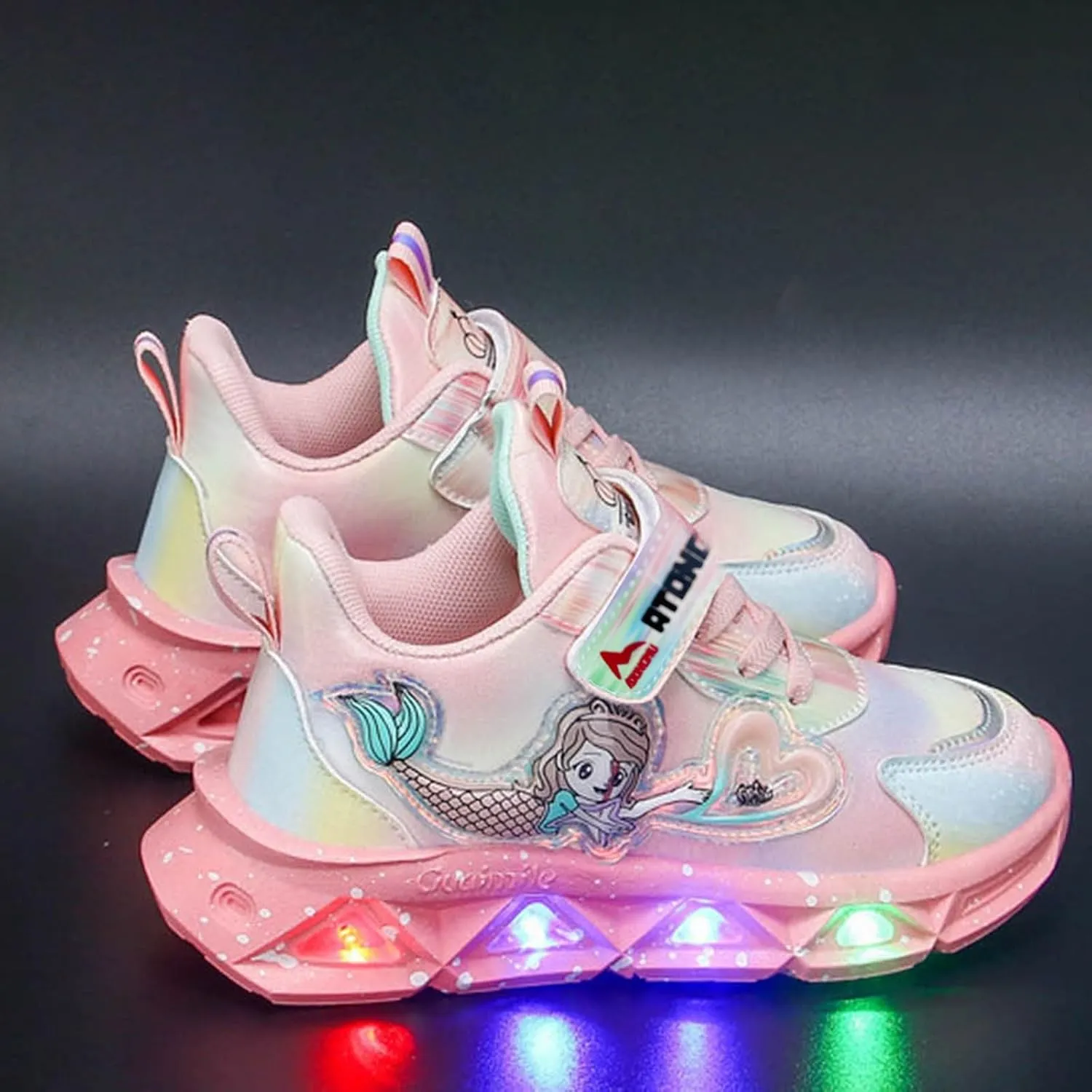 Sneakers for Girls Kids Light Up Mermaid Pattern Sneaker Hook Loop Thick Bottom Non Slip Sports Shoes Fashion Casual Shoes