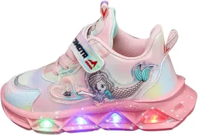 Sneakers for Girls Kids Light Up Mermaid Pattern Sneaker Hook Loop Thick Bottom Non Slip Sports Shoes Fashion Casual Shoes