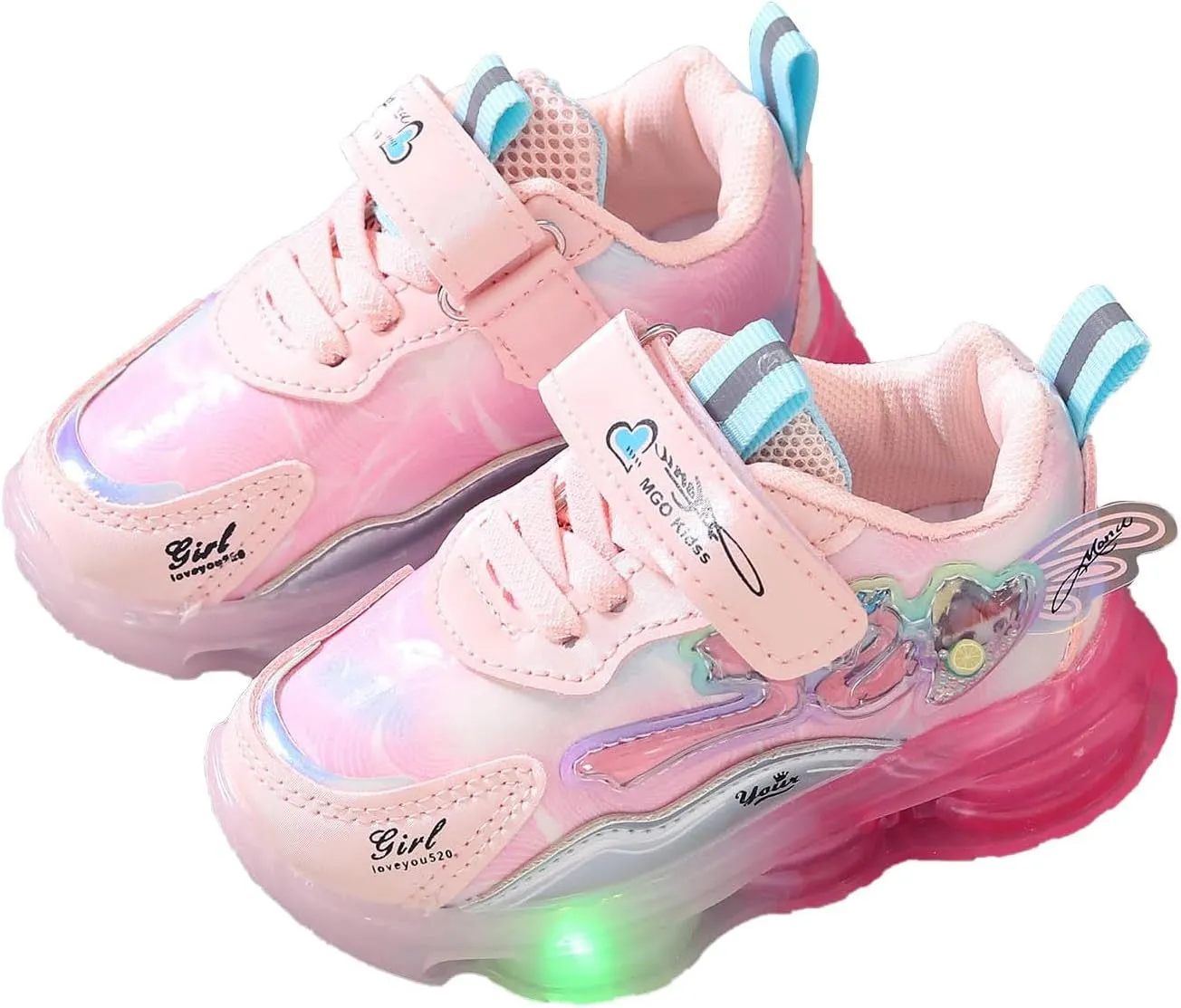 Sneakers for Girls Light Up Hook and Loop Shoes LED Flashing Lightweight Mesh Breathable Adorable Running Sneakers for Kids