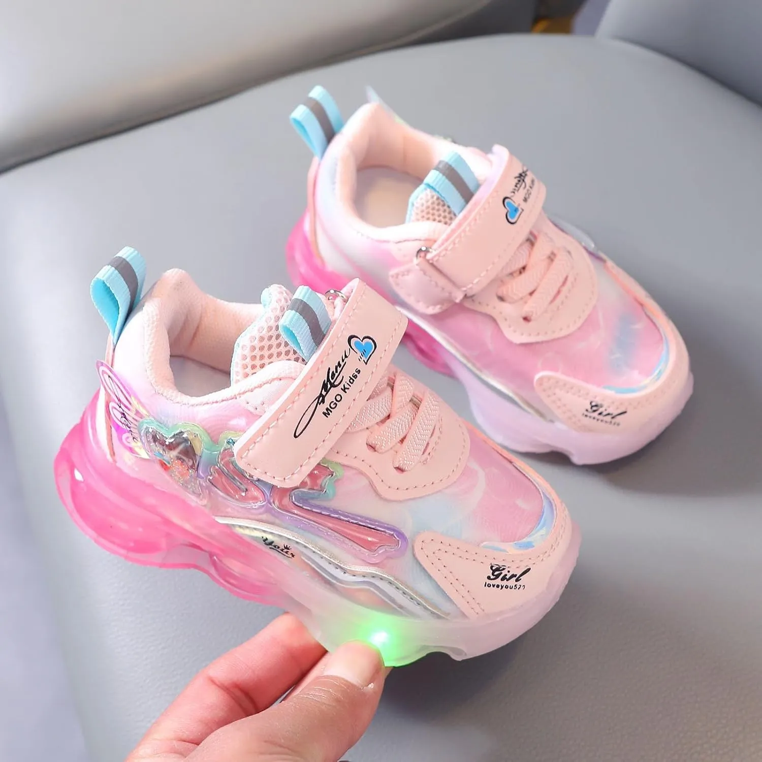 Sneakers for Girls Light Up Hook and Loop Shoes LED Flashing Lightweight Mesh Breathable Adorable Running Sneakers for Kids
