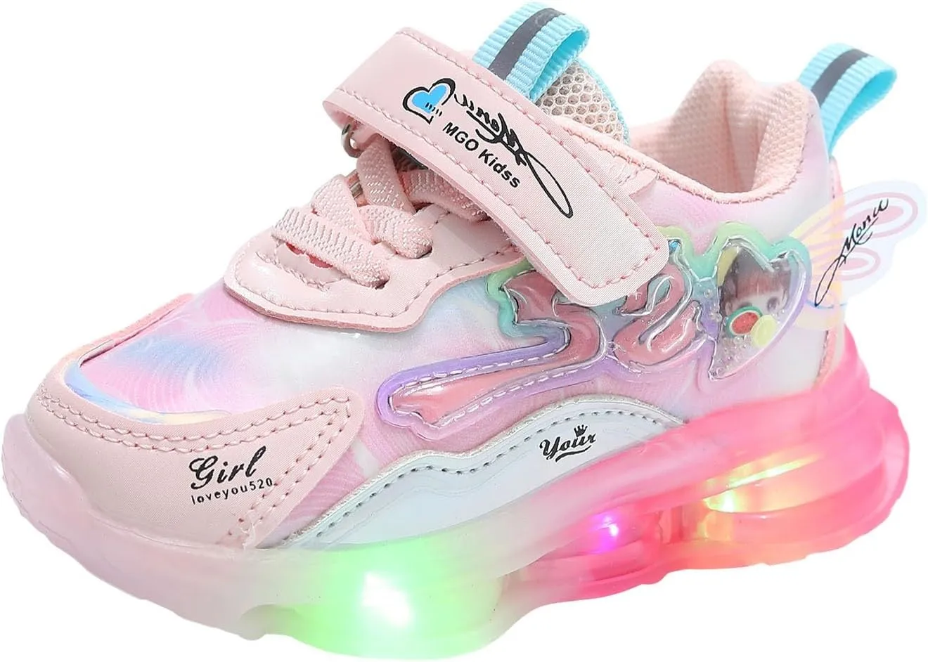 Sneakers for Girls Light Up Hook and Loop Shoes LED Flashing Lightweight Mesh Breathable Adorable Running Sneakers for Kids