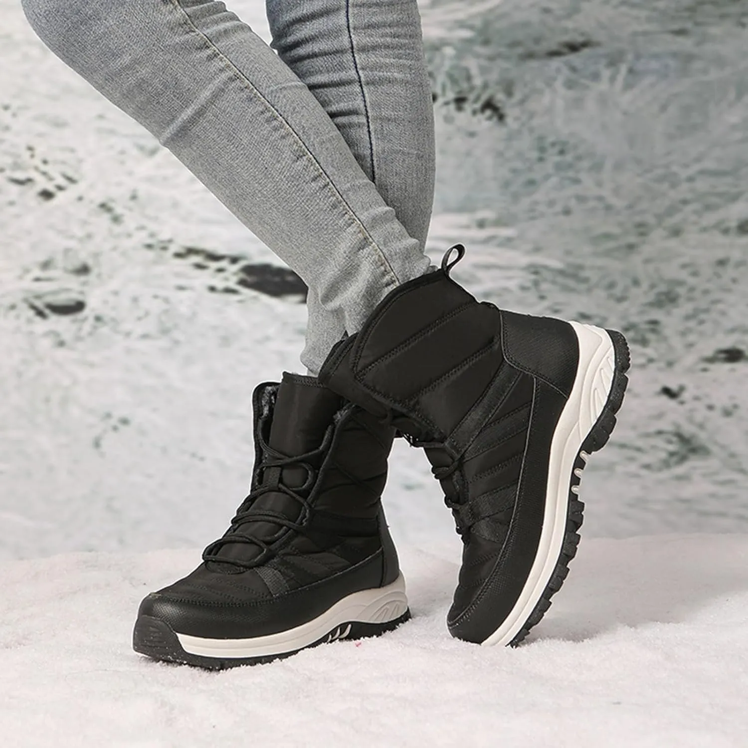 Snow Boots for Women Winter Shoes Water-proof Warm Fleece Lined Ankle Booties Comfortable Shoes for Women Slip On Mid Calf Boots Hiking Tennis Booties Lace-up Platform Boots Lightweight